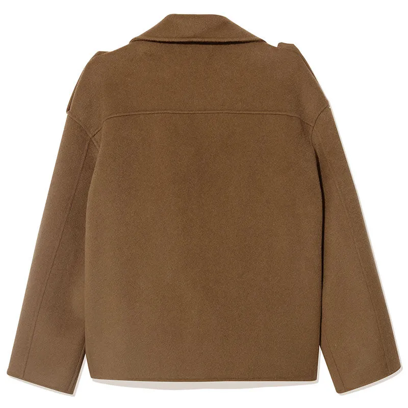 Brown Woolen Lapel Crop Women Coat