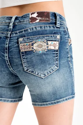 Buckle/ Aztec Details Mid Rise Jean Shorts