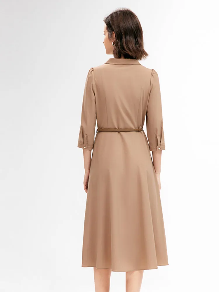 Camel Silk Woolen Gathered Waist Maxi Dress