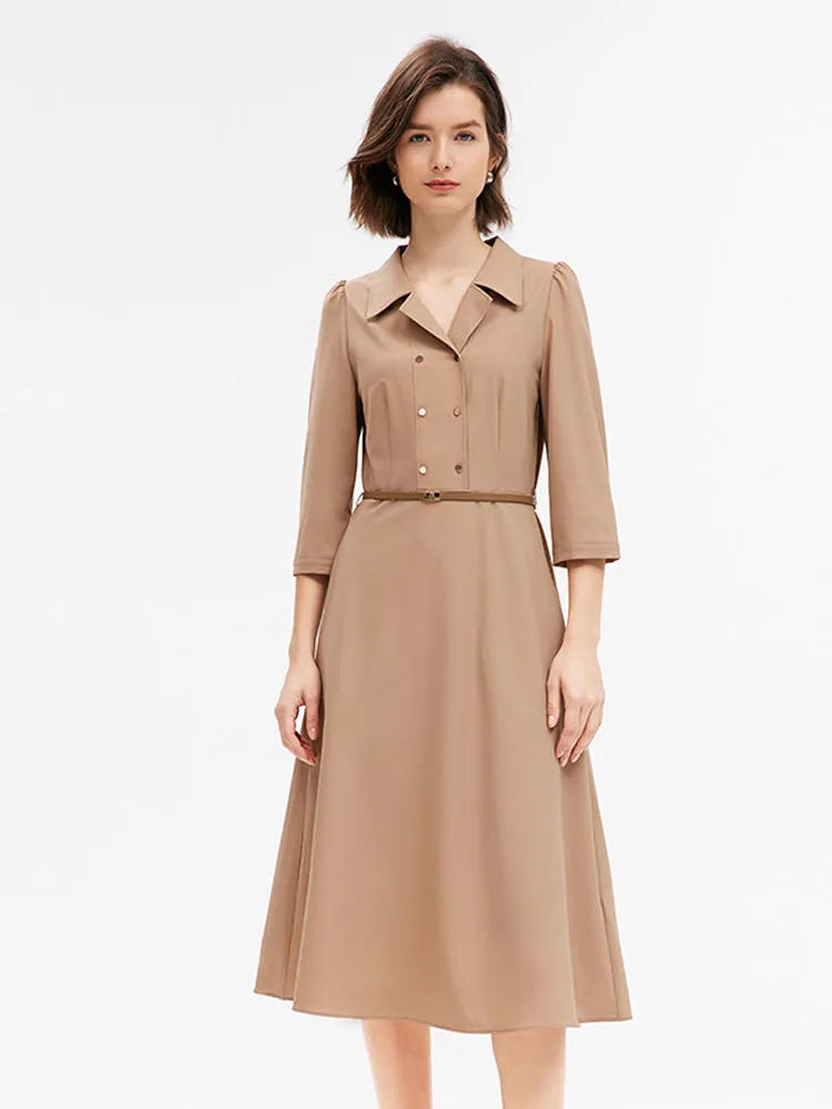 Camel Silk Woolen Gathered Waist Maxi Dress