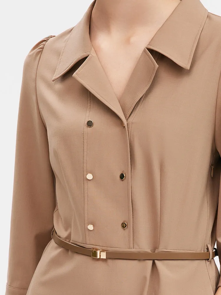 Camel Silk Woolen Gathered Waist Maxi Dress