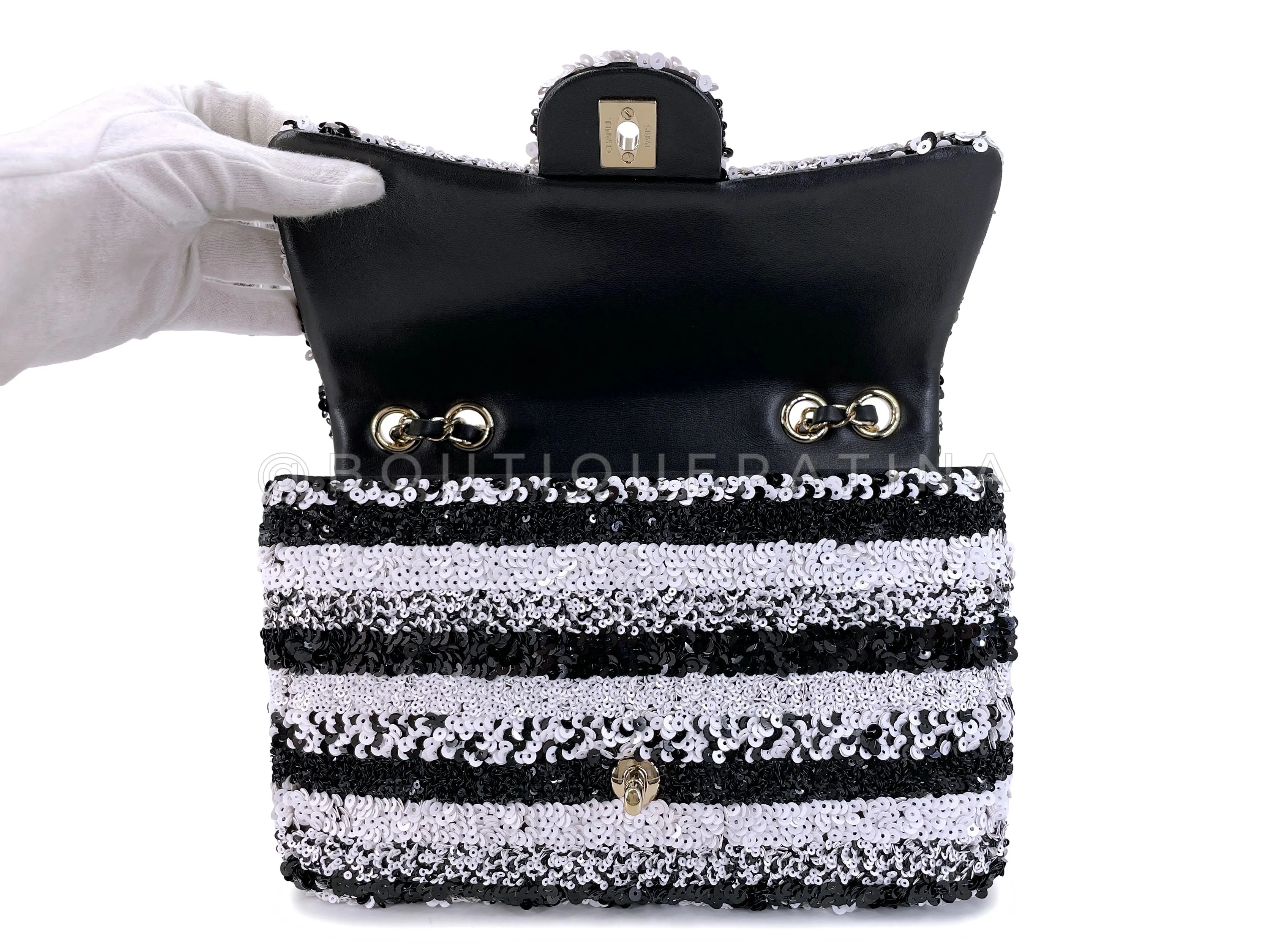 Chanel 19C Black White Sequin Medium Classic Flap Bag GHW