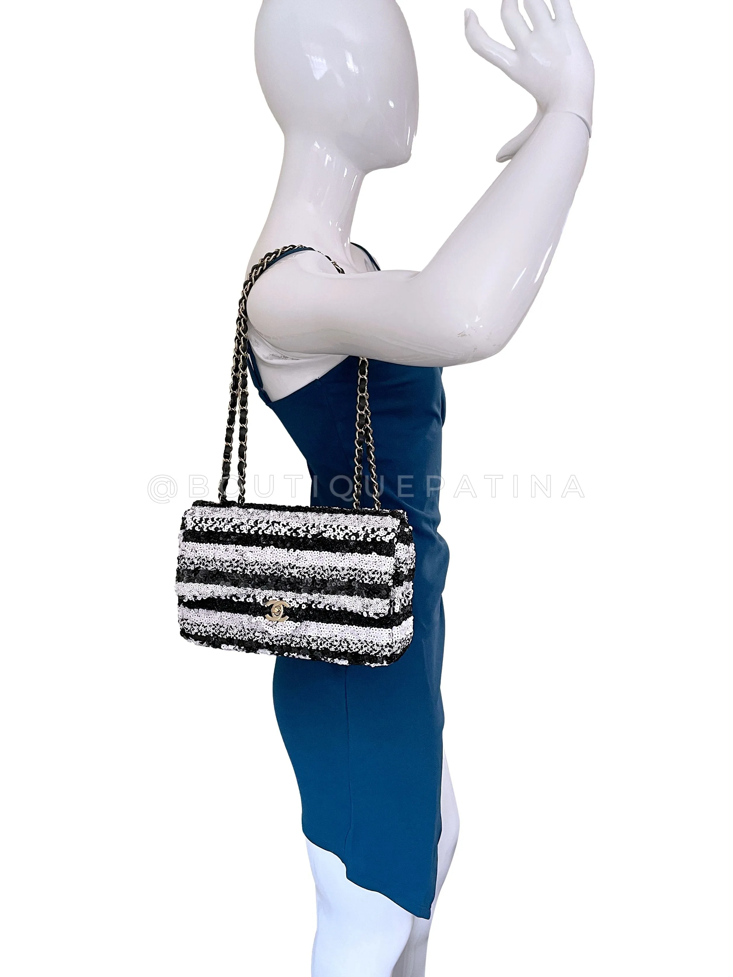 Chanel 19C Black White Sequin Medium Classic Flap Bag GHW