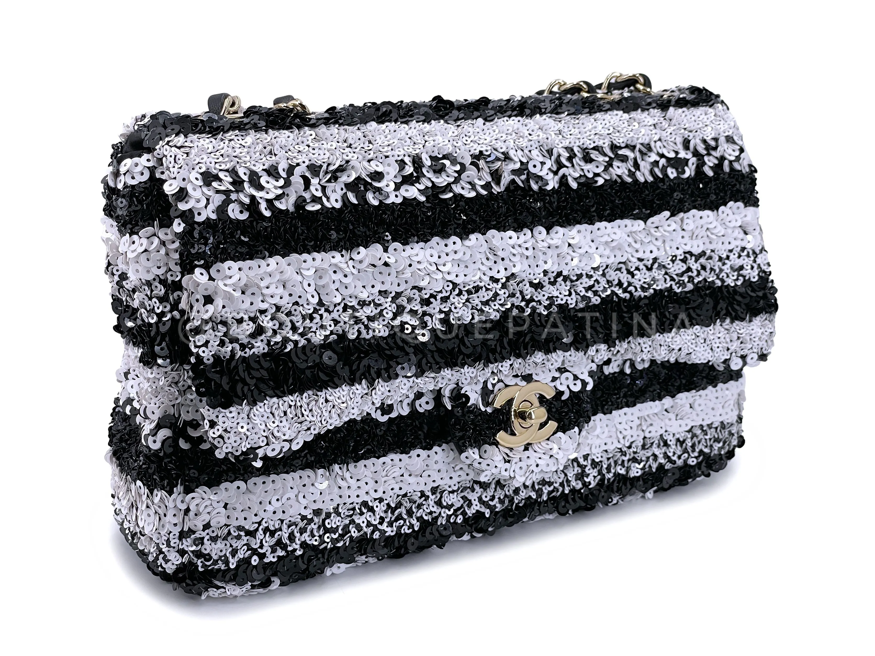 Chanel 19C Black White Sequin Medium Classic Flap Bag GHW