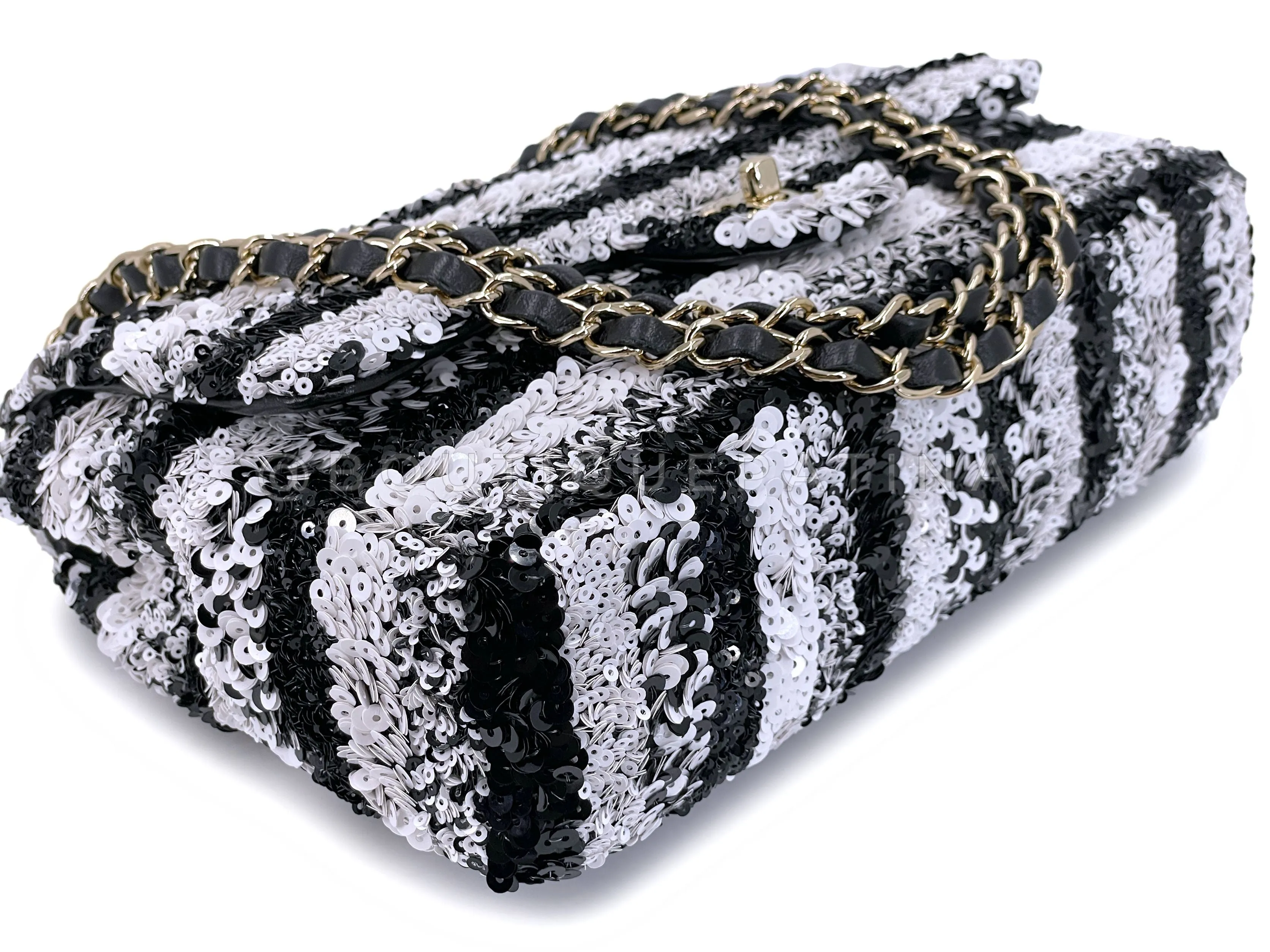 Chanel 19C Black White Sequin Medium Classic Flap Bag GHW