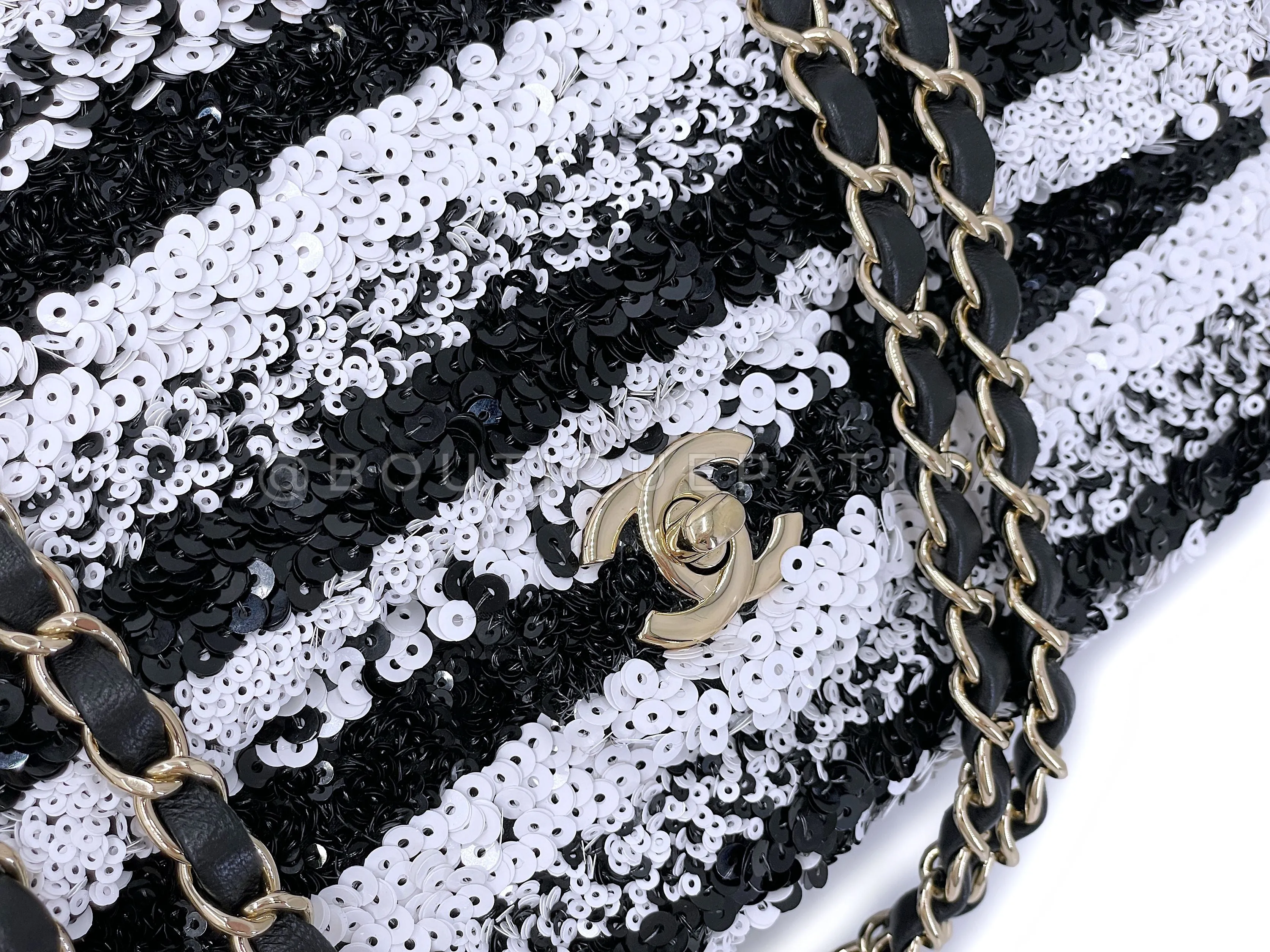 Chanel 19C Black White Sequin Medium Classic Flap Bag GHW