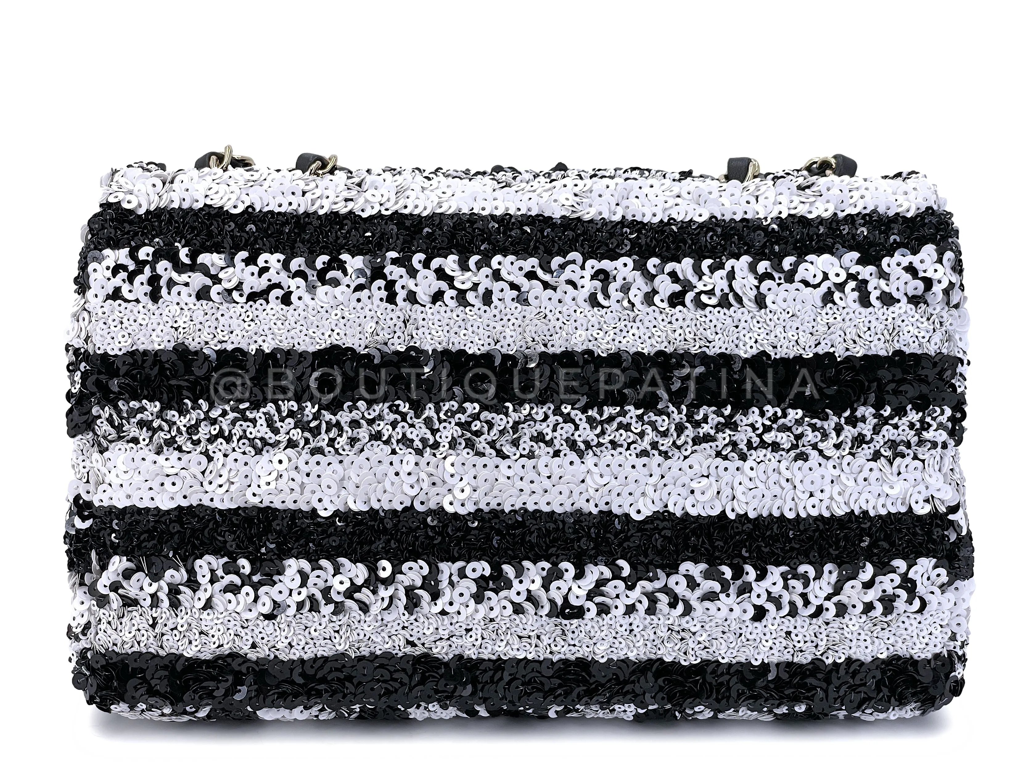 Chanel 19C Black White Sequin Medium Classic Flap Bag GHW