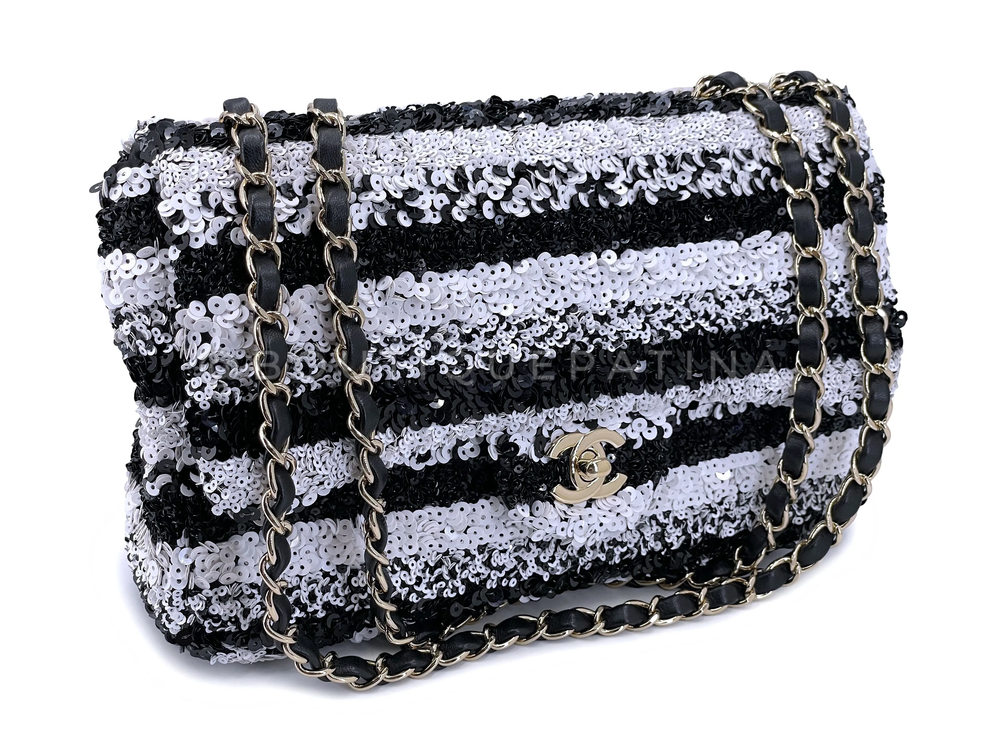 Chanel 19C Black White Sequin Medium Classic Flap Bag GHW