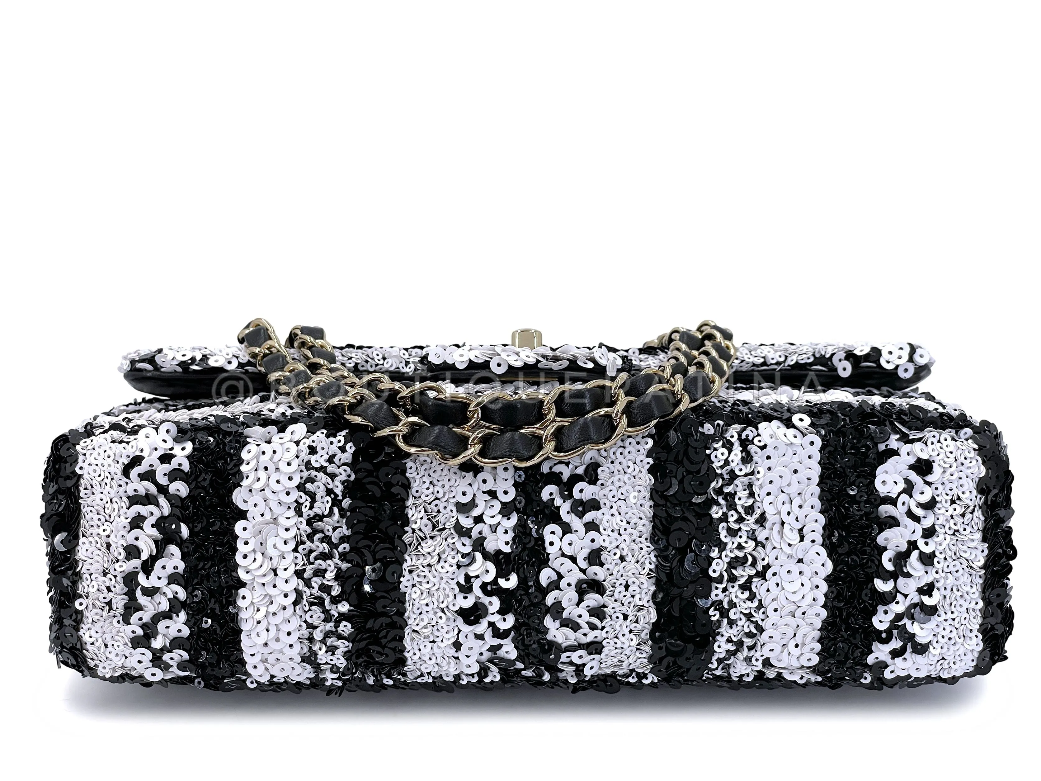 Chanel 19C Black White Sequin Medium Classic Flap Bag GHW