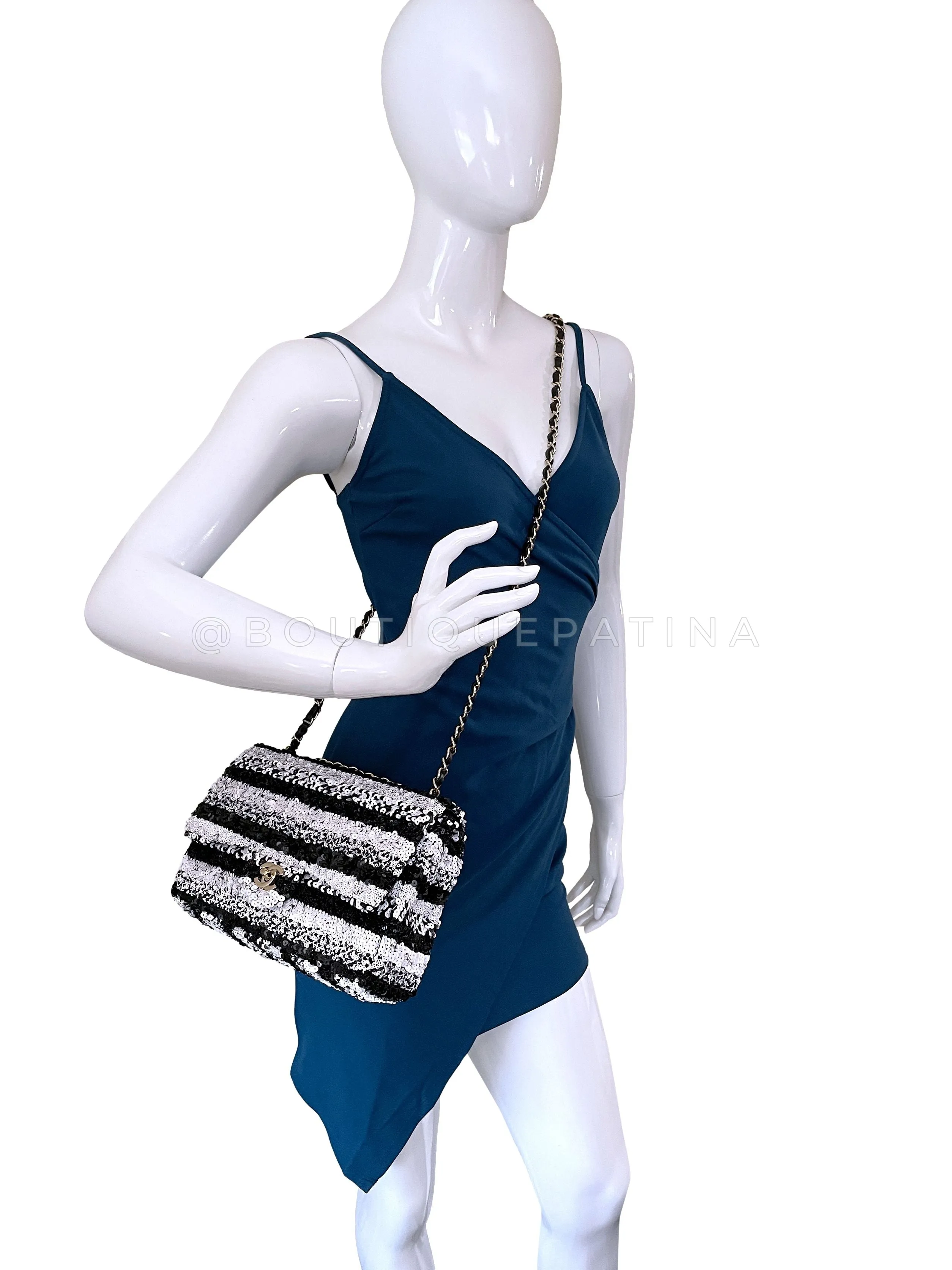 Chanel 19C Black White Sequin Medium Classic Flap Bag GHW