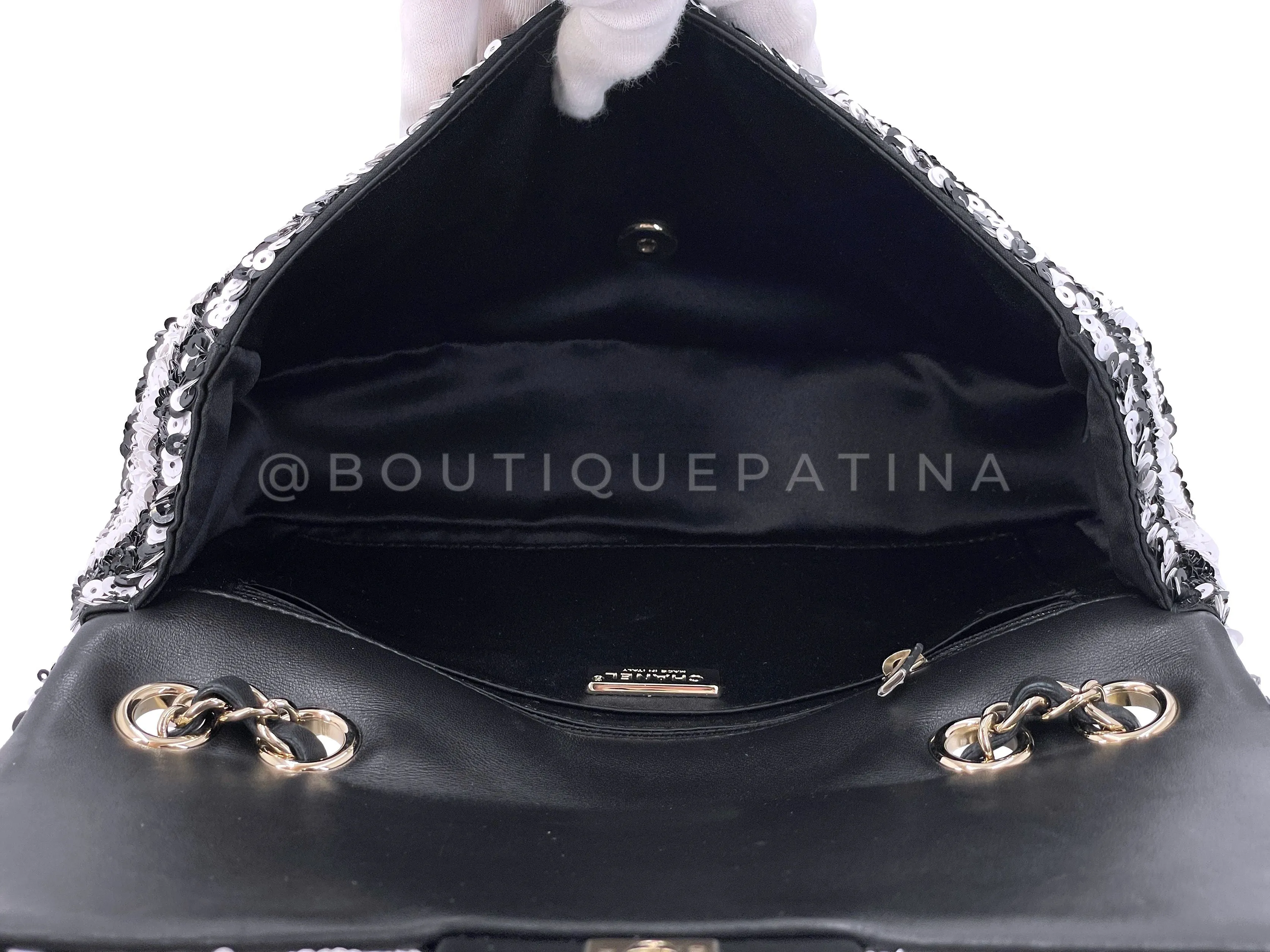 Chanel 19C Black White Sequin Medium Classic Flap Bag GHW