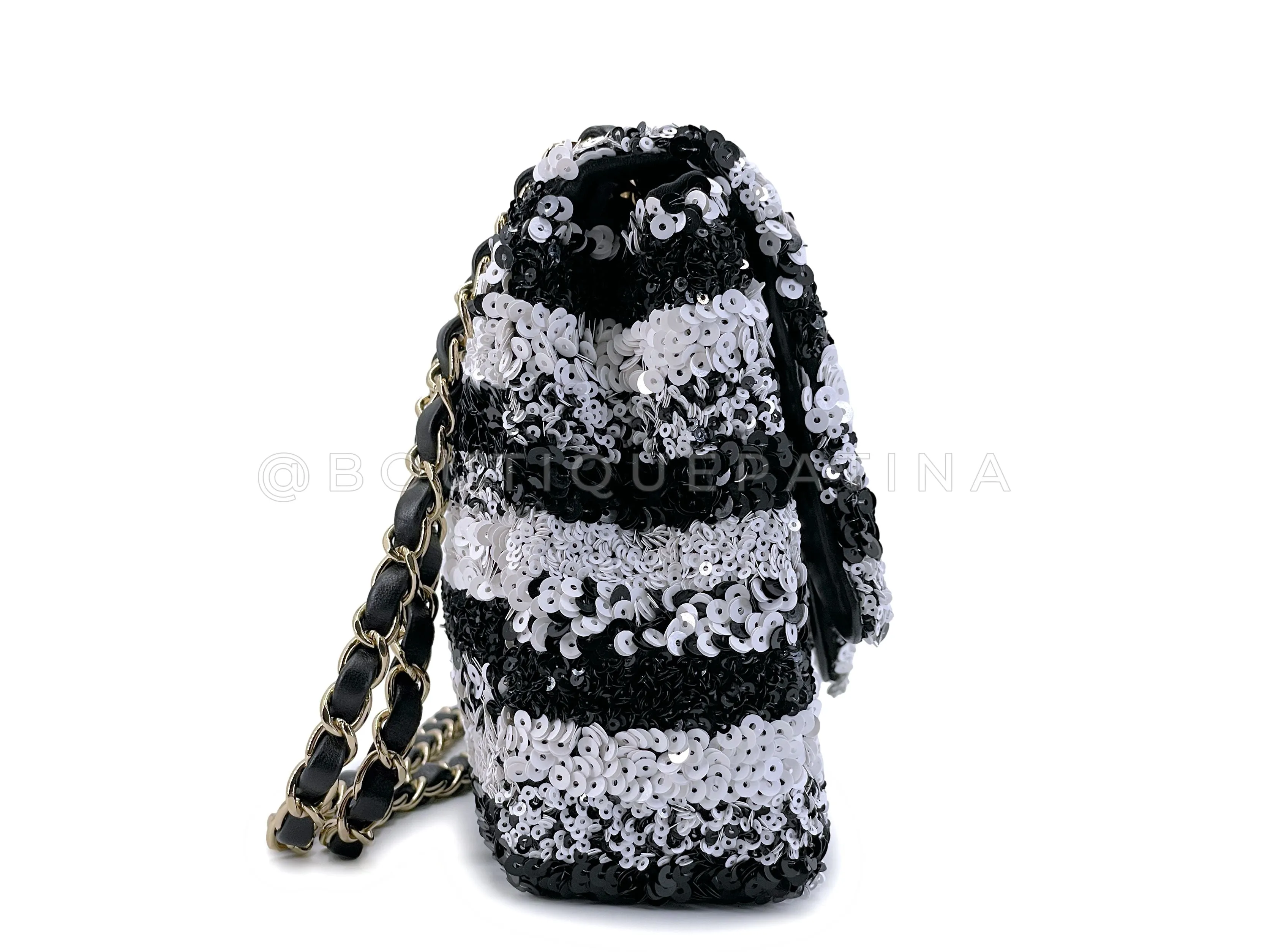 Chanel 19C Black White Sequin Medium Classic Flap Bag GHW