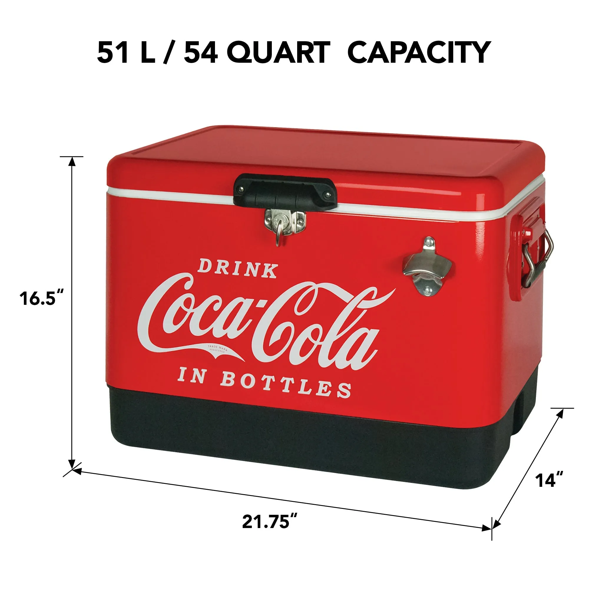 Coca-Cola Ice Chest Beverage Cooler with Bottle Opener, 51L (54 qt), 85 Can Capacity Portable Cooler, Red and Black, for Camping, Beach, RV, BBQs, Tailgating, Fishing
