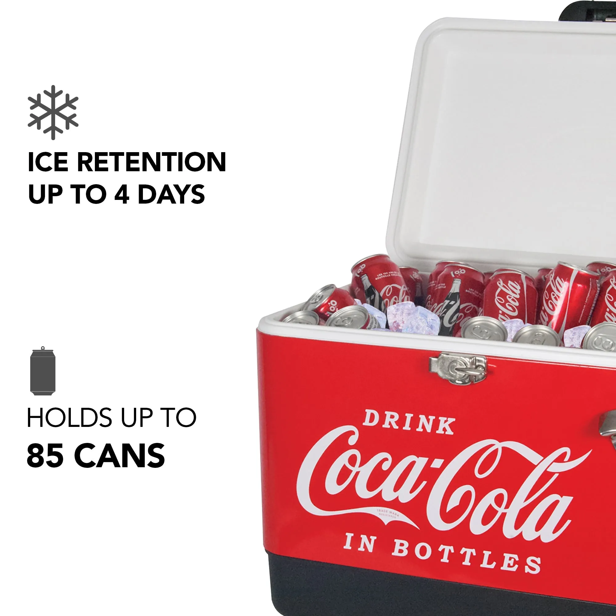Coca-Cola Ice Chest Beverage Cooler with Bottle Opener, 51L (54 qt), 85 Can Capacity Portable Cooler, Red and Black, for Camping, Beach, RV, BBQs, Tailgating, Fishing