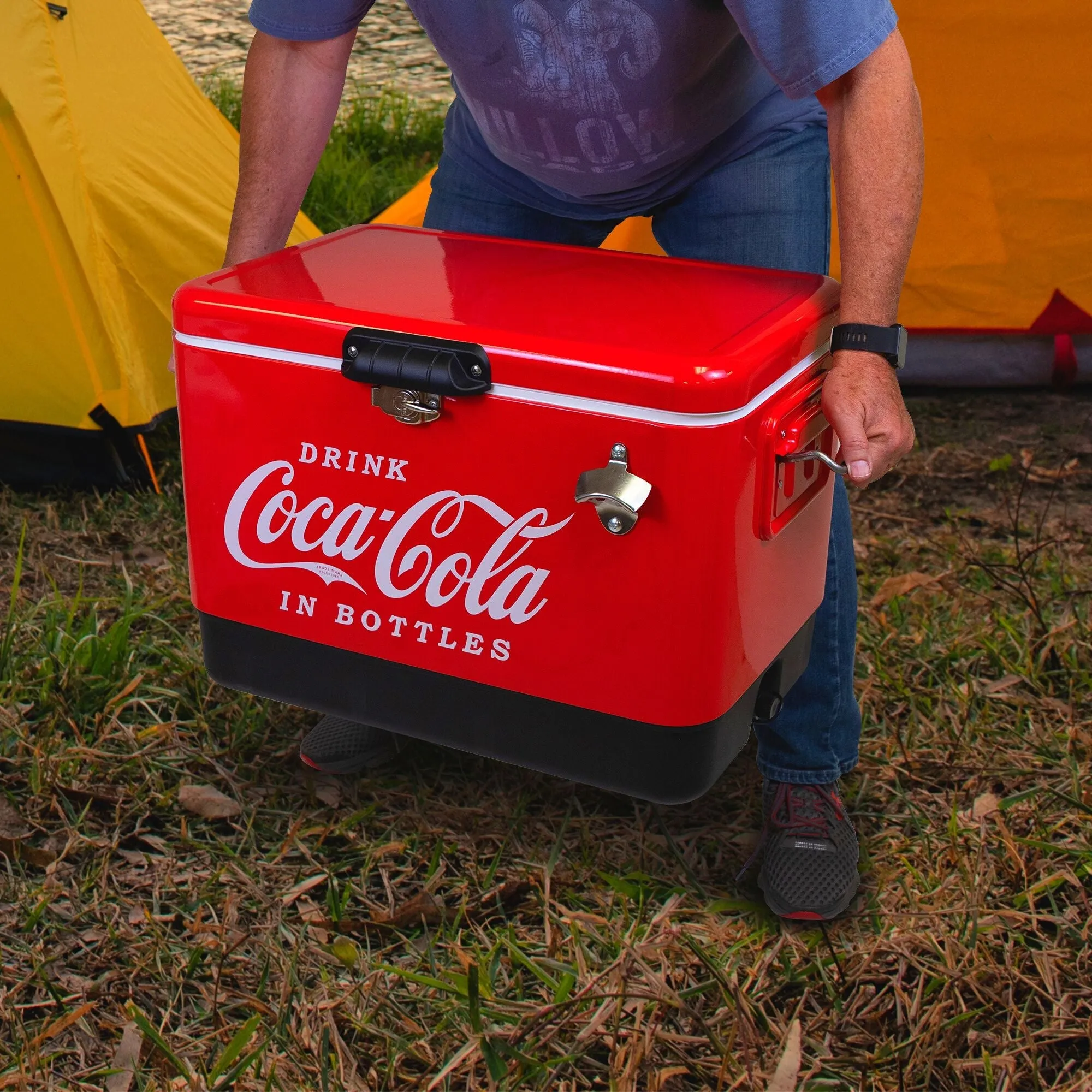 Coca-Cola Ice Chest Beverage Cooler with Bottle Opener, 51L (54 qt), 85 Can Capacity Portable Cooler, Red and Black, for Camping, Beach, RV, BBQs, Tailgating, Fishing