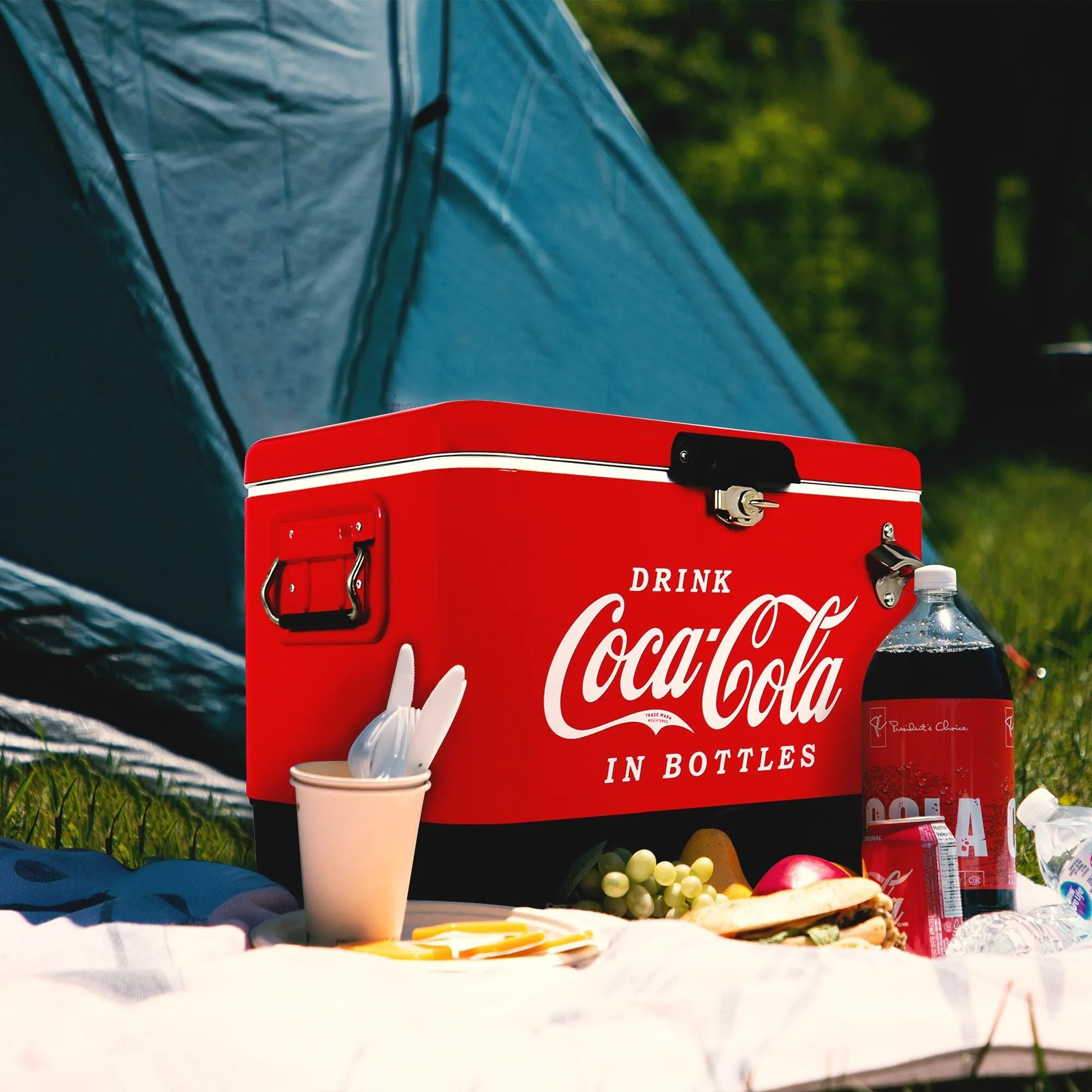 Coca-Cola Ice Chest Beverage Cooler with Bottle Opener, 51L (54 qt), 85 Can Capacity Portable Cooler, Red and Black, for Camping, Beach, RV, BBQs, Tailgating, Fishing