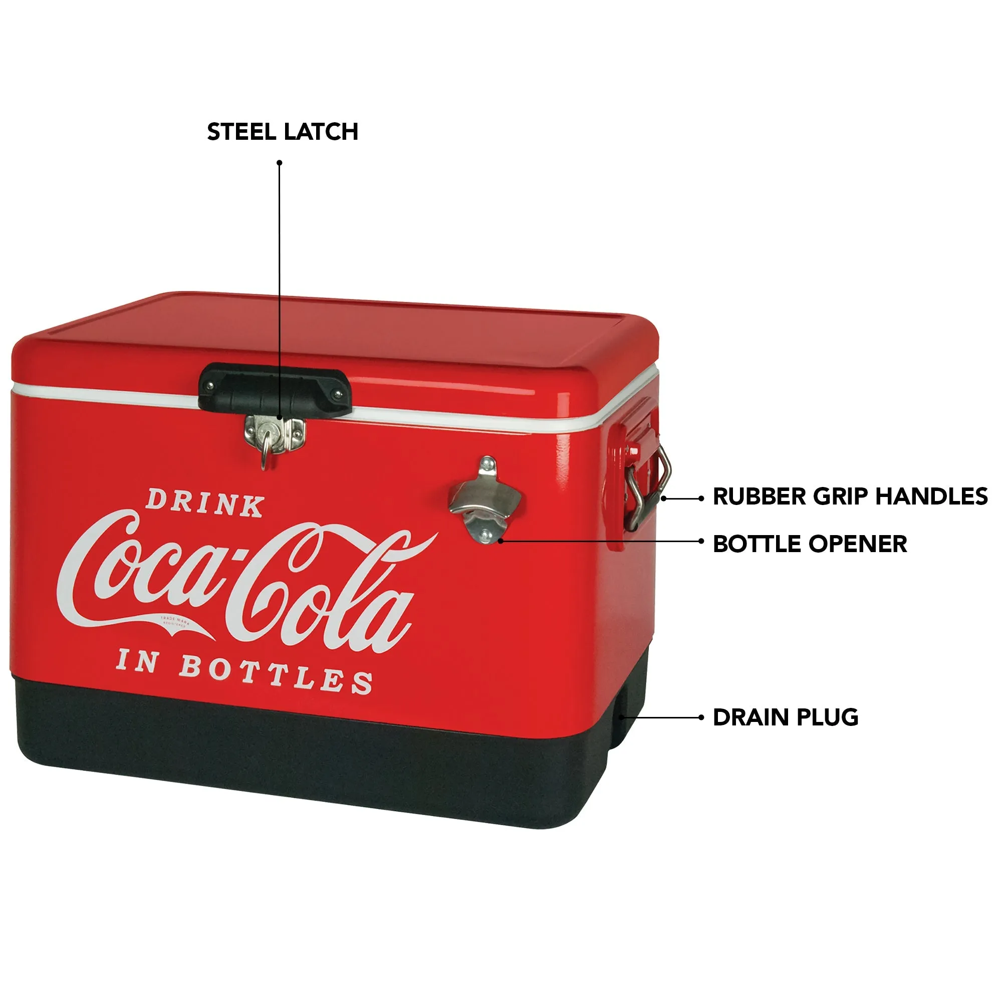 Coca-Cola Ice Chest Beverage Cooler with Bottle Opener, 51L (54 qt), 85 Can Capacity Portable Cooler, Red and Black, for Camping, Beach, RV, BBQs, Tailgating, Fishing