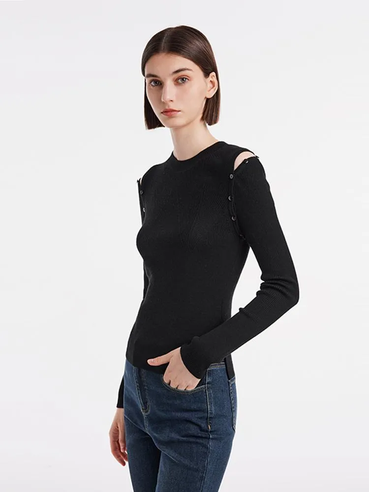 Detachable Sleeve Woolen Round Neck Sweater