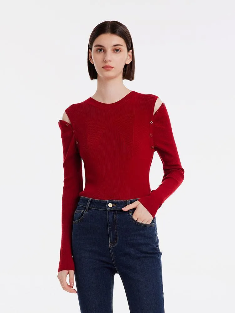Detachable Sleeve Woolen Round Neck Sweater