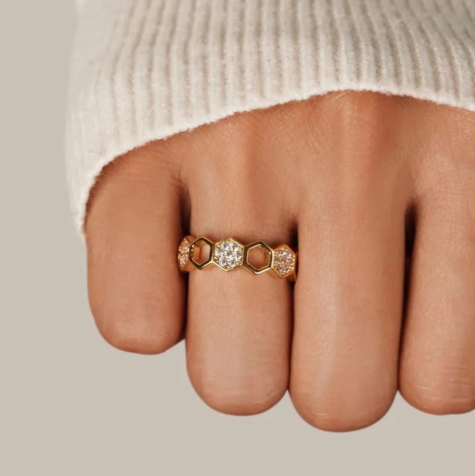 Gold & Crystal Honeycomb Ring