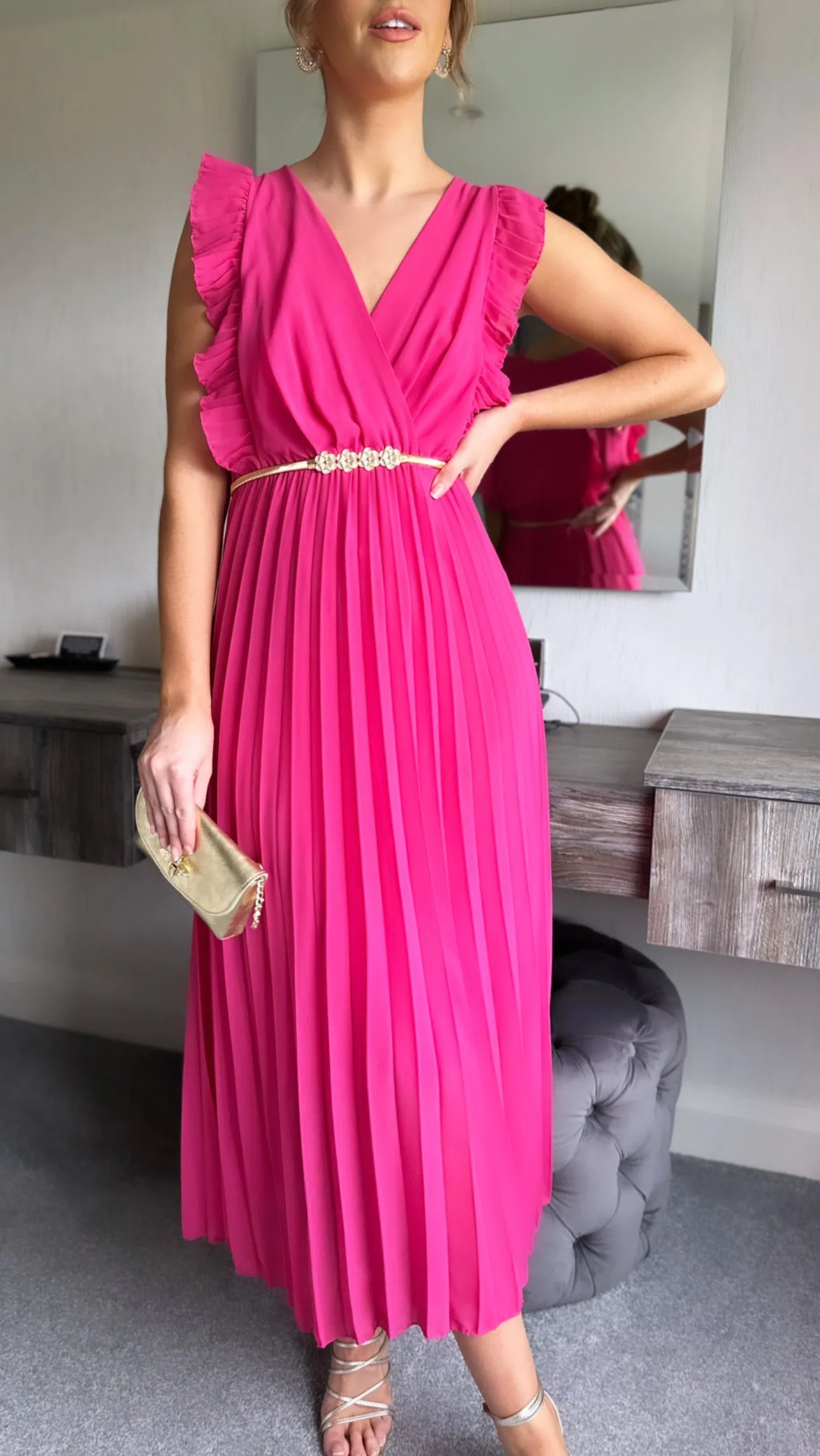 Goldie Pleated Frill Sleeve Maxi Dress in Fuchsia
