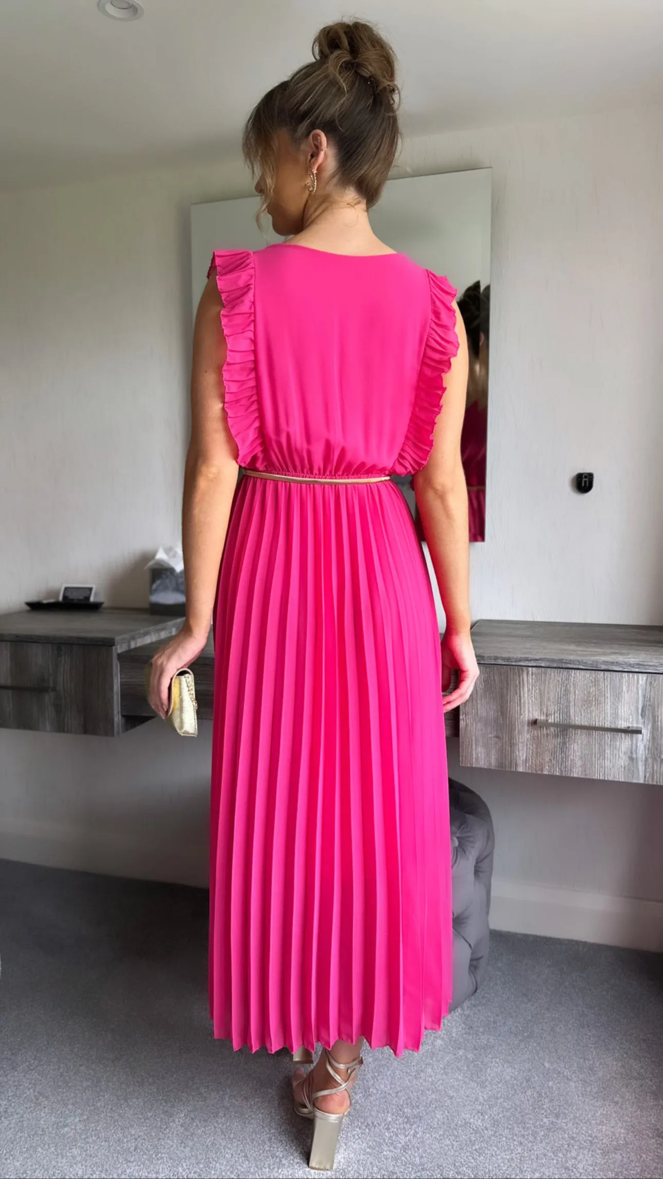 Goldie Pleated Frill Sleeve Maxi Dress in Fuchsia