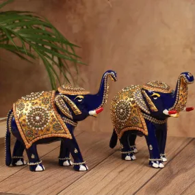 Handcrafted Decorative Metallic Elephant (Set of 2) - Meenakari Stonework - Animal Decor