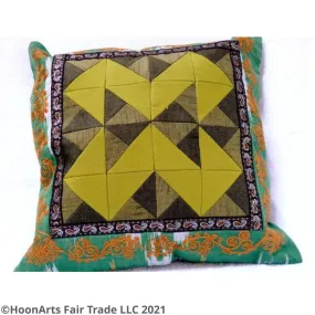 Ikat and Embroidery Pillow Cover, "Kurok" (Patchwork),