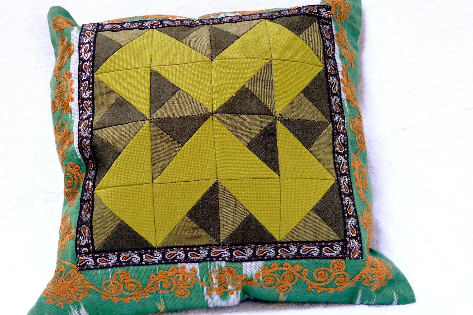 Ikat and Embroidery Pillow Cover, "Kurok" (Patchwork),