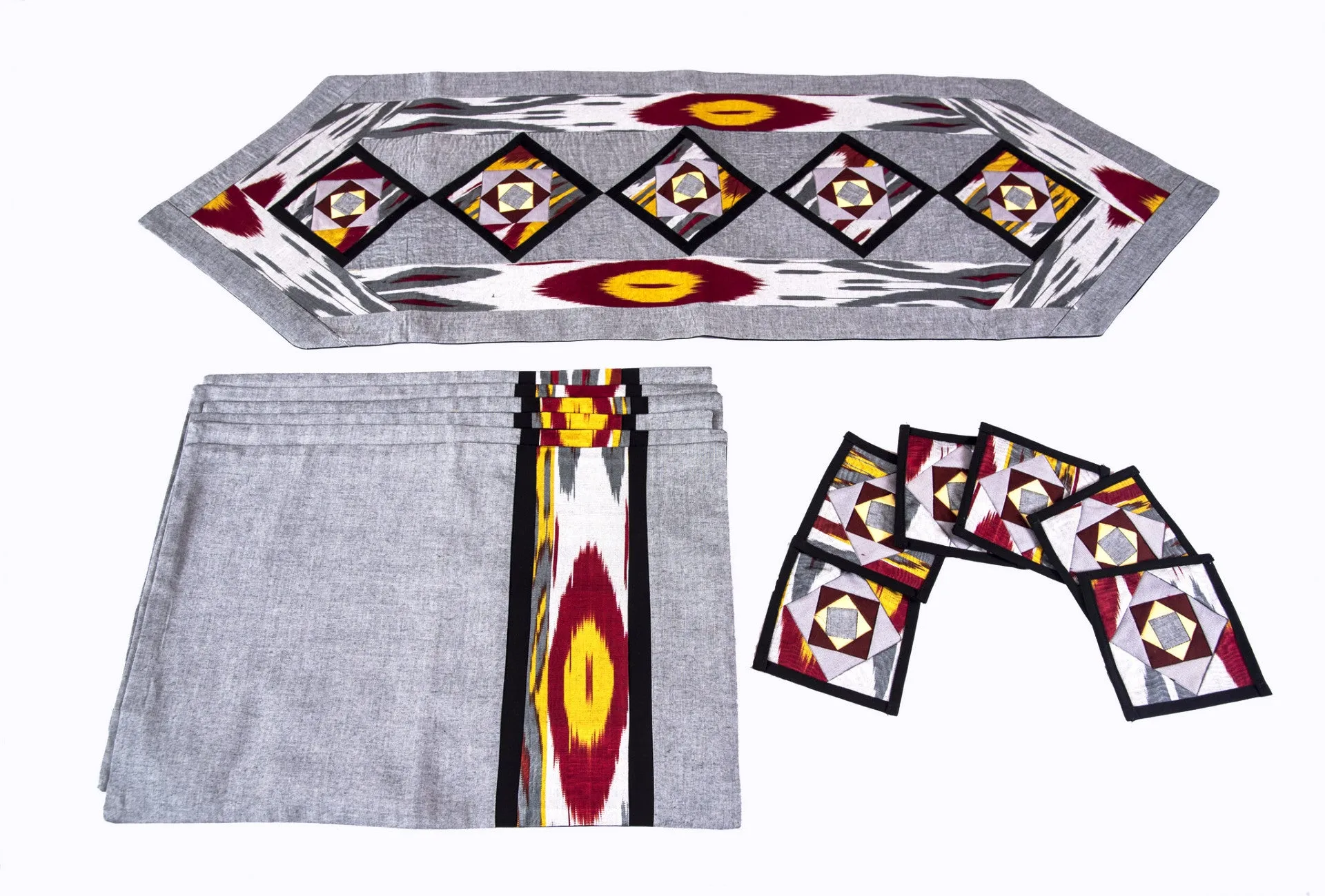 Ikat Hand Quilted Table Runner Set w mats & Coasters Gray, Red, Gold, Black