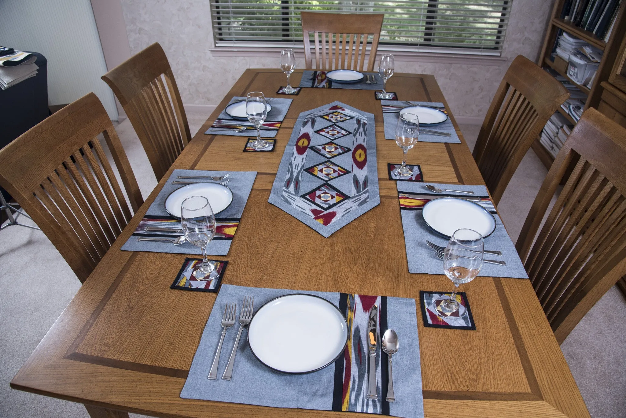 Ikat Hand Quilted Table Runner Set w mats & Coasters Gray, Red, Gold, Black