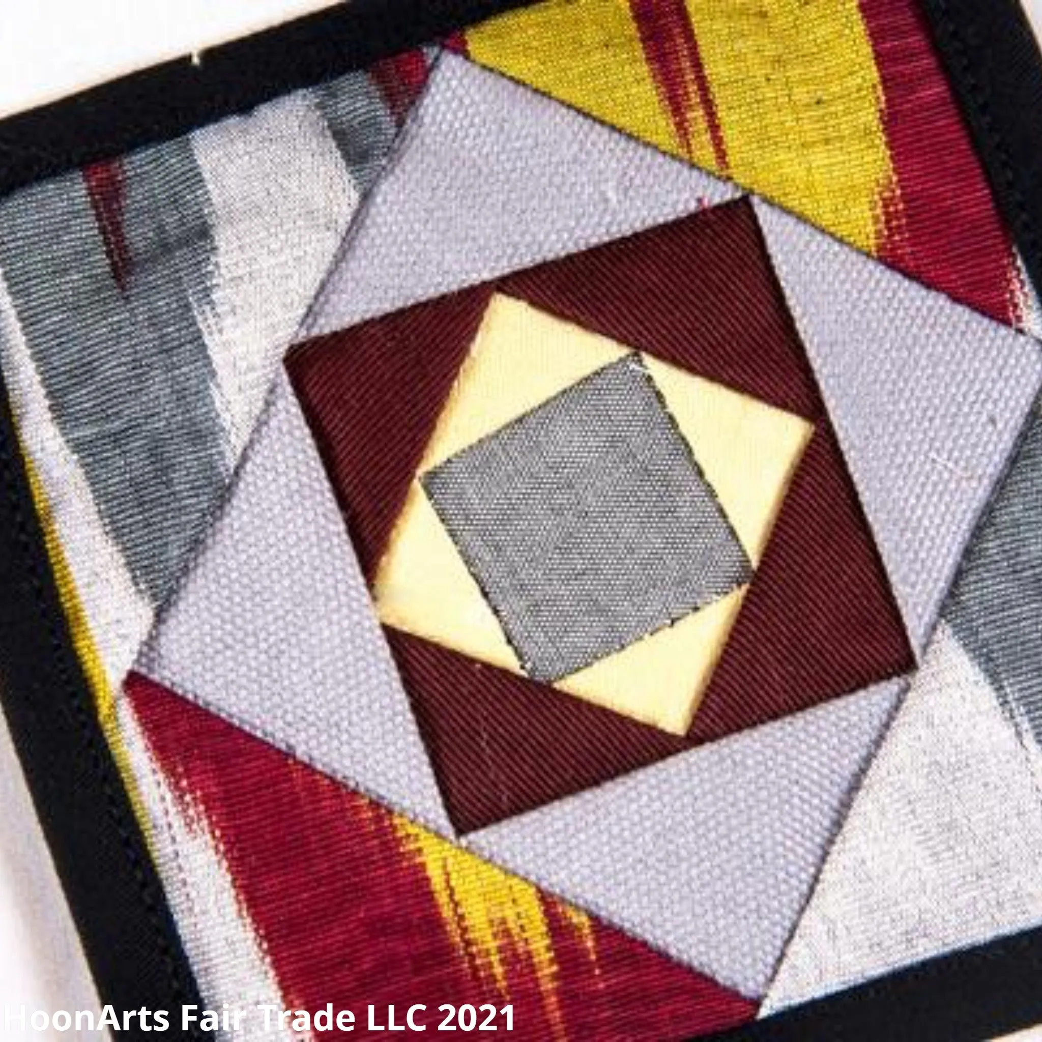 Ikat Hand Quilted Table Runner Set w mats & Coasters Gray, Red, Gold, Black