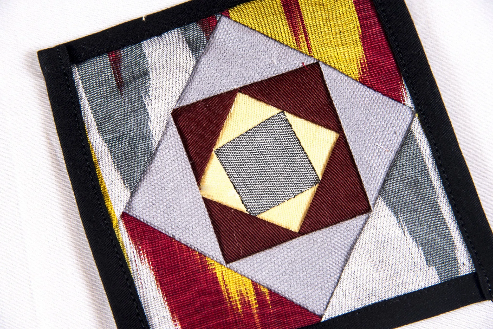 Ikat Hand Quilted Table Runner Set w mats & Coasters Gray, Red, Gold, Black