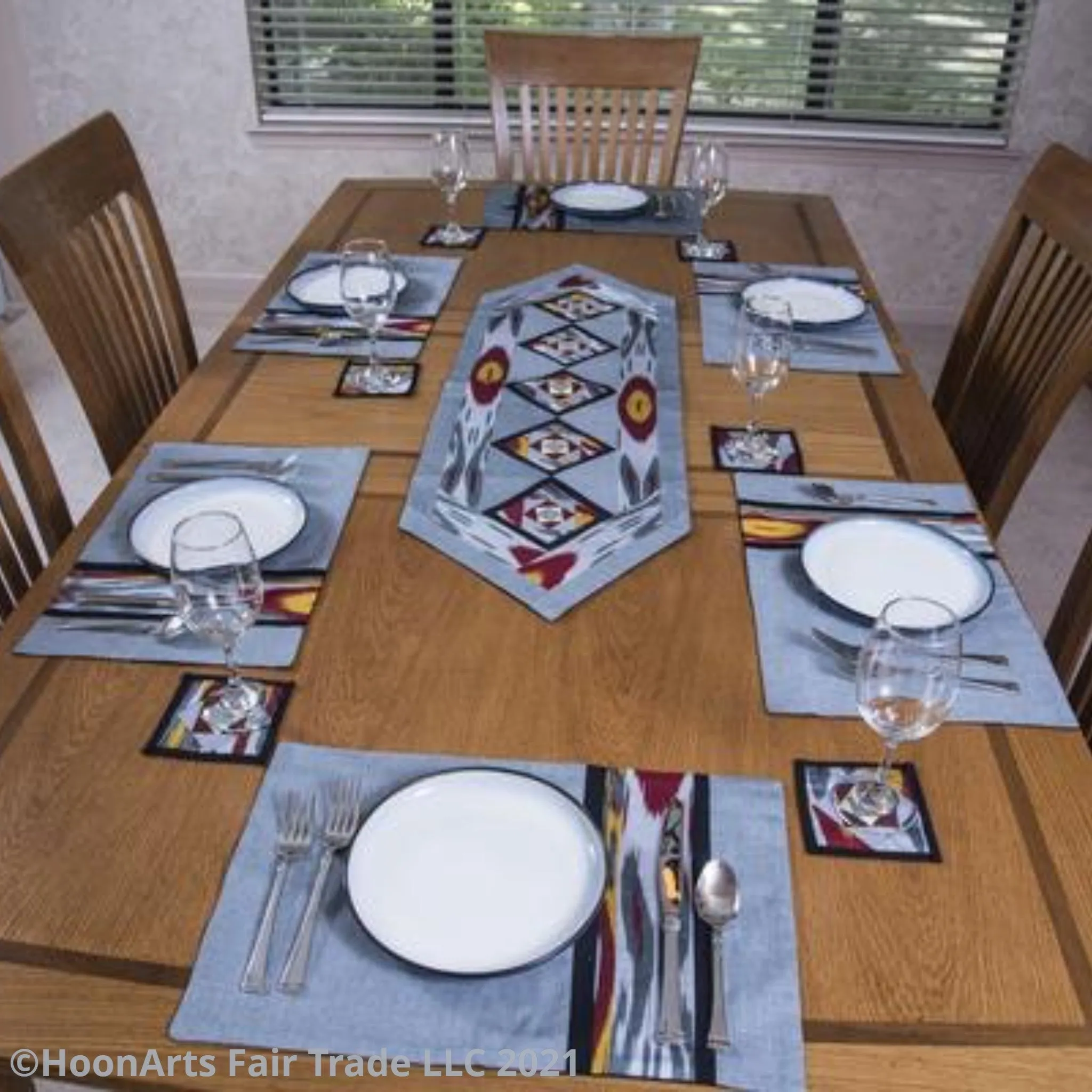 Ikat Hand Quilted Table Runner Set w mats & Coasters Gray, Red, Gold, Black