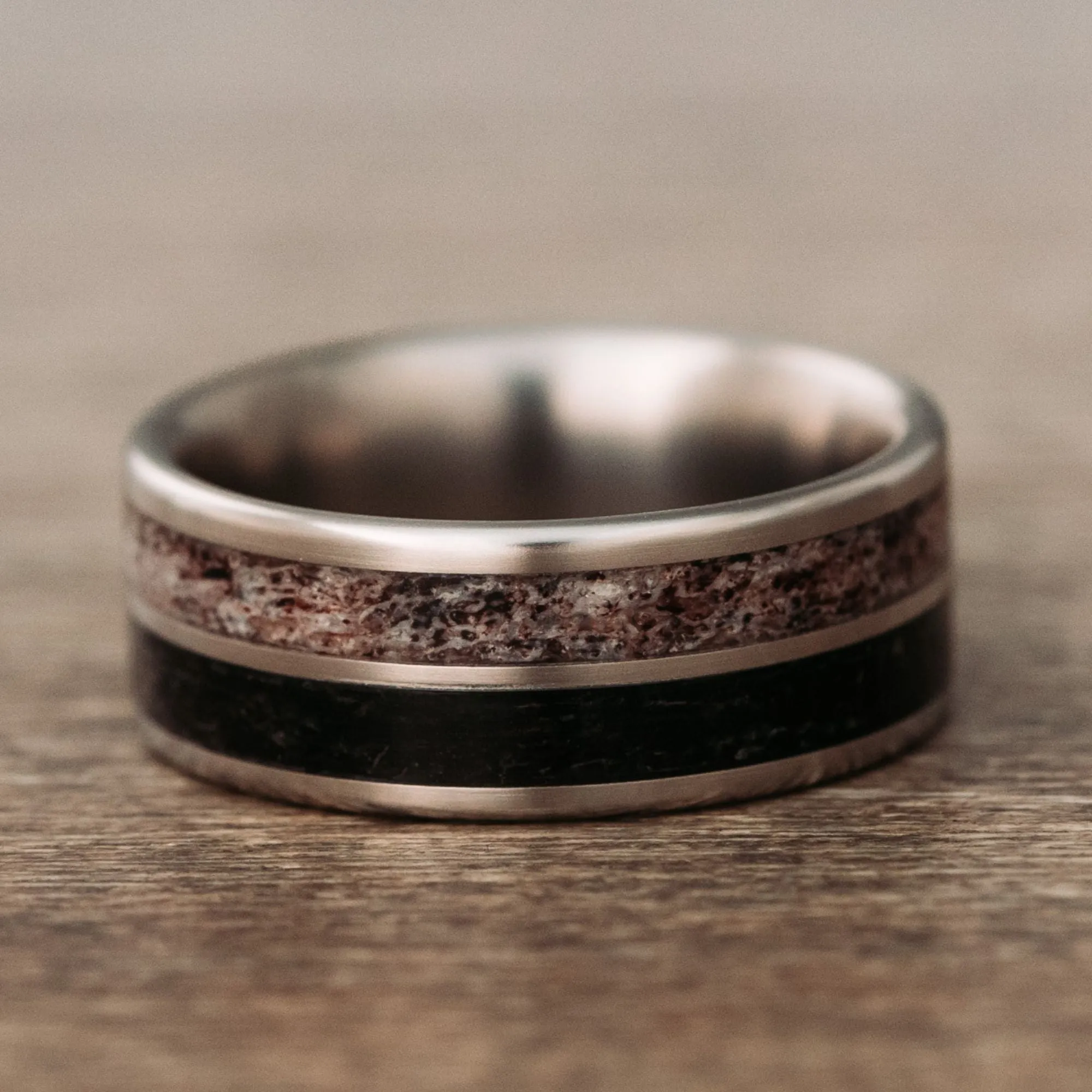 (In-Stock) Custom Titanium Wedding Band with Elk Antler & Weathered Elk Antler - Size 7.25 | 8mm Wide