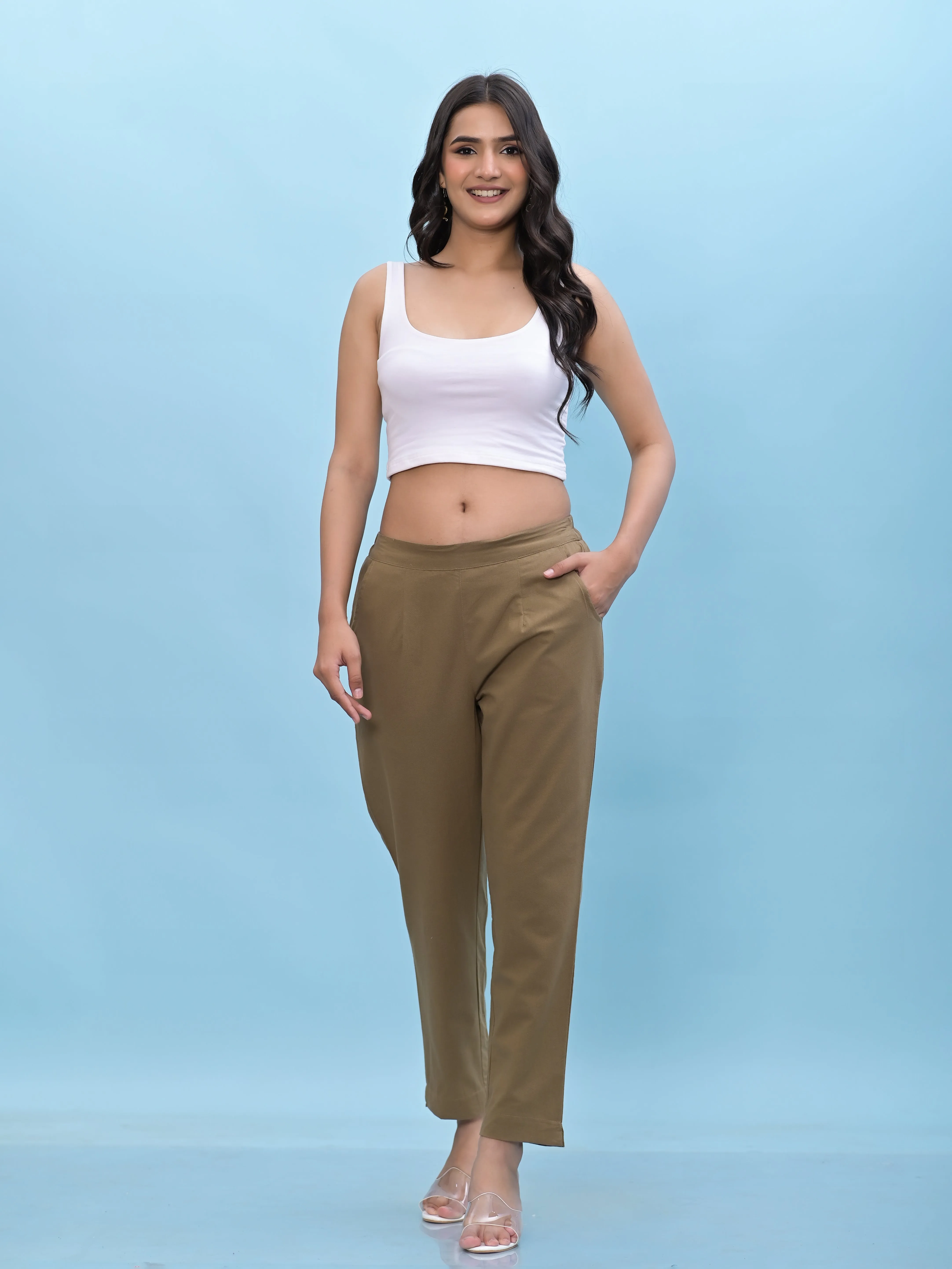 Juniper Women Brown Solid Cotton Pants with Partially Elasticated Waistband and Two Side Pockets