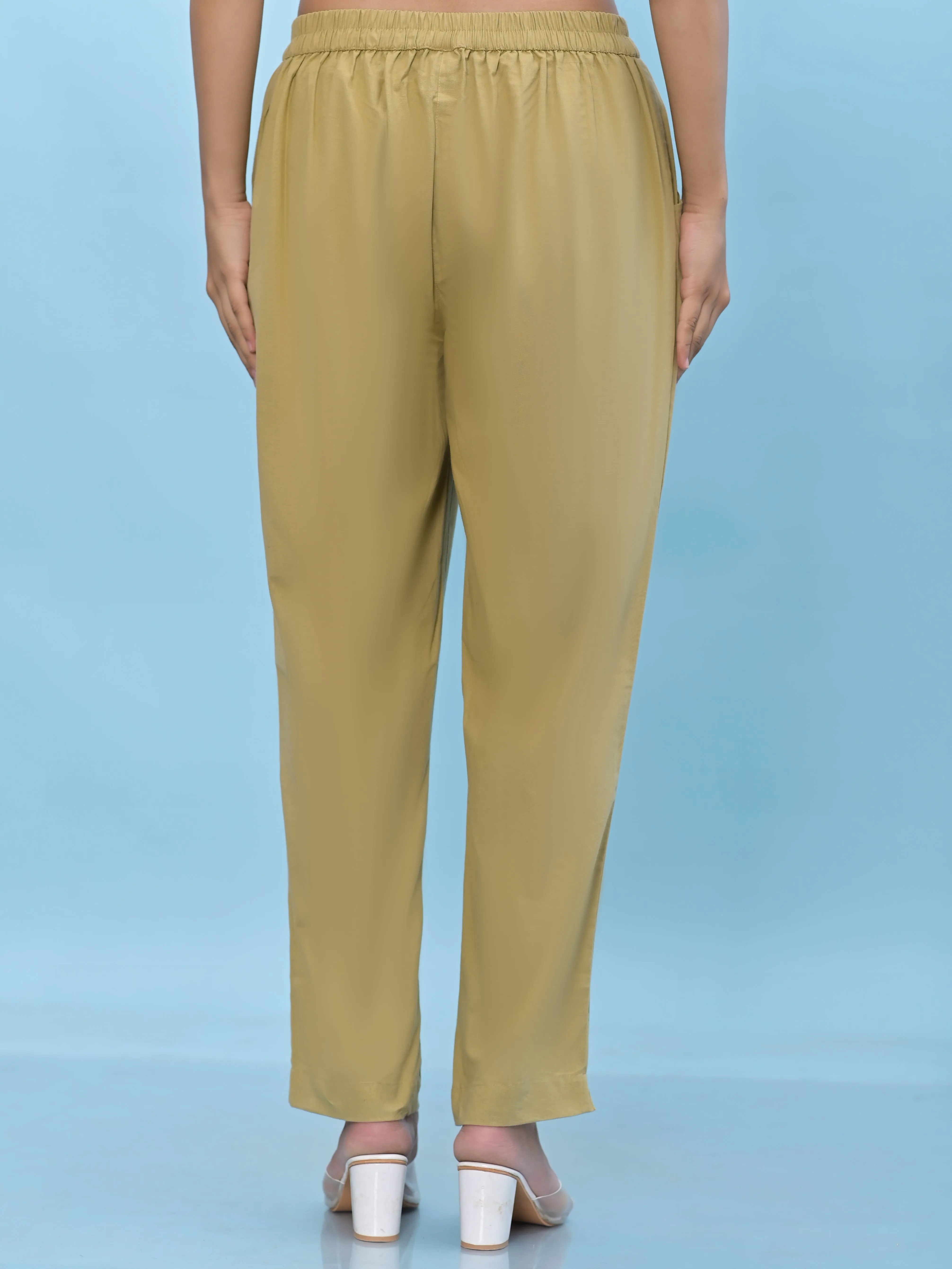 Juniper Women Olive Solid Cotton Pants with Partially Elasticated Waistband and Two Side Pockets