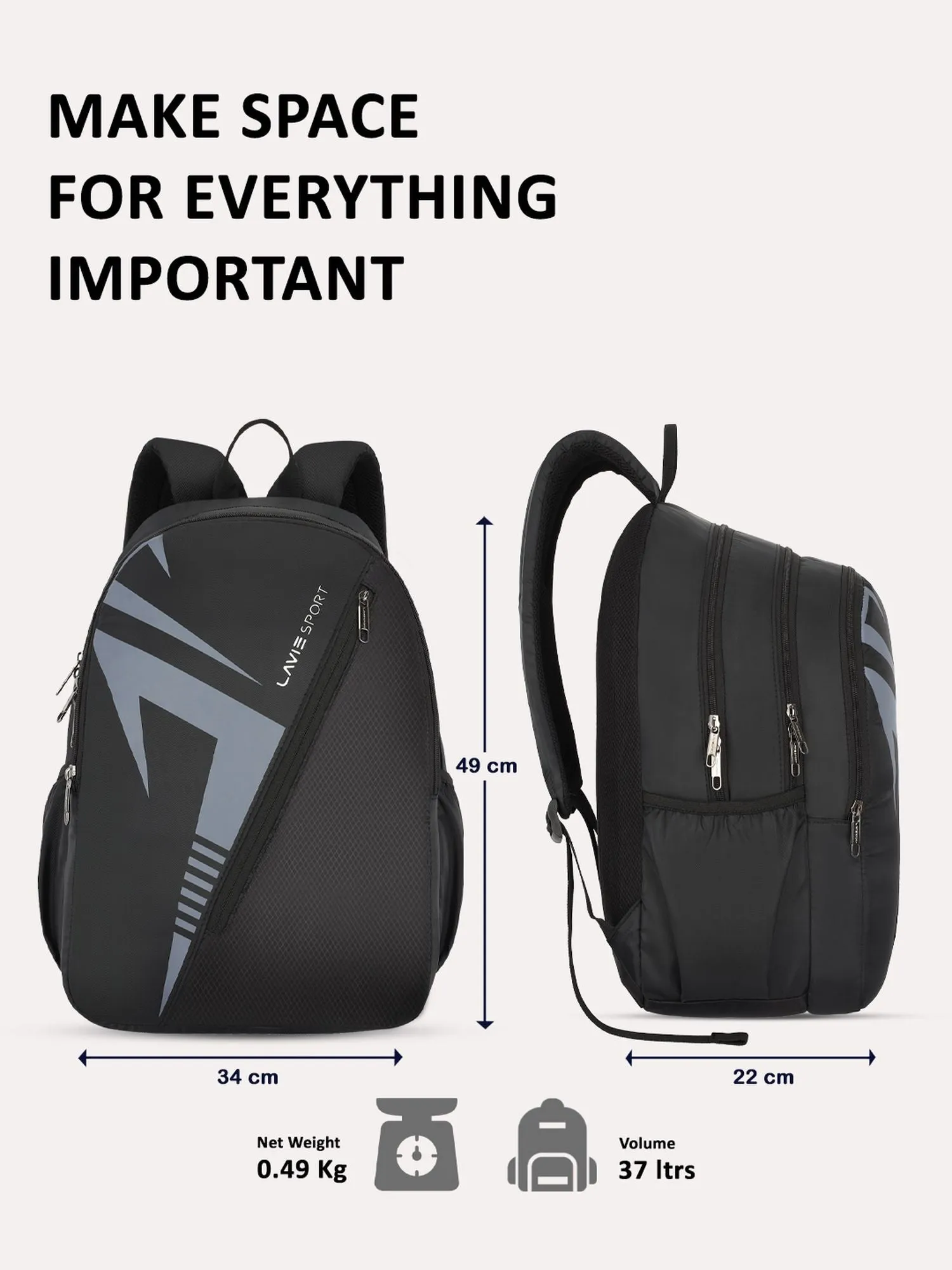 Lavie Sport Lance 37L College Bag For Boys & Girls|Backpack For Men & Women Black