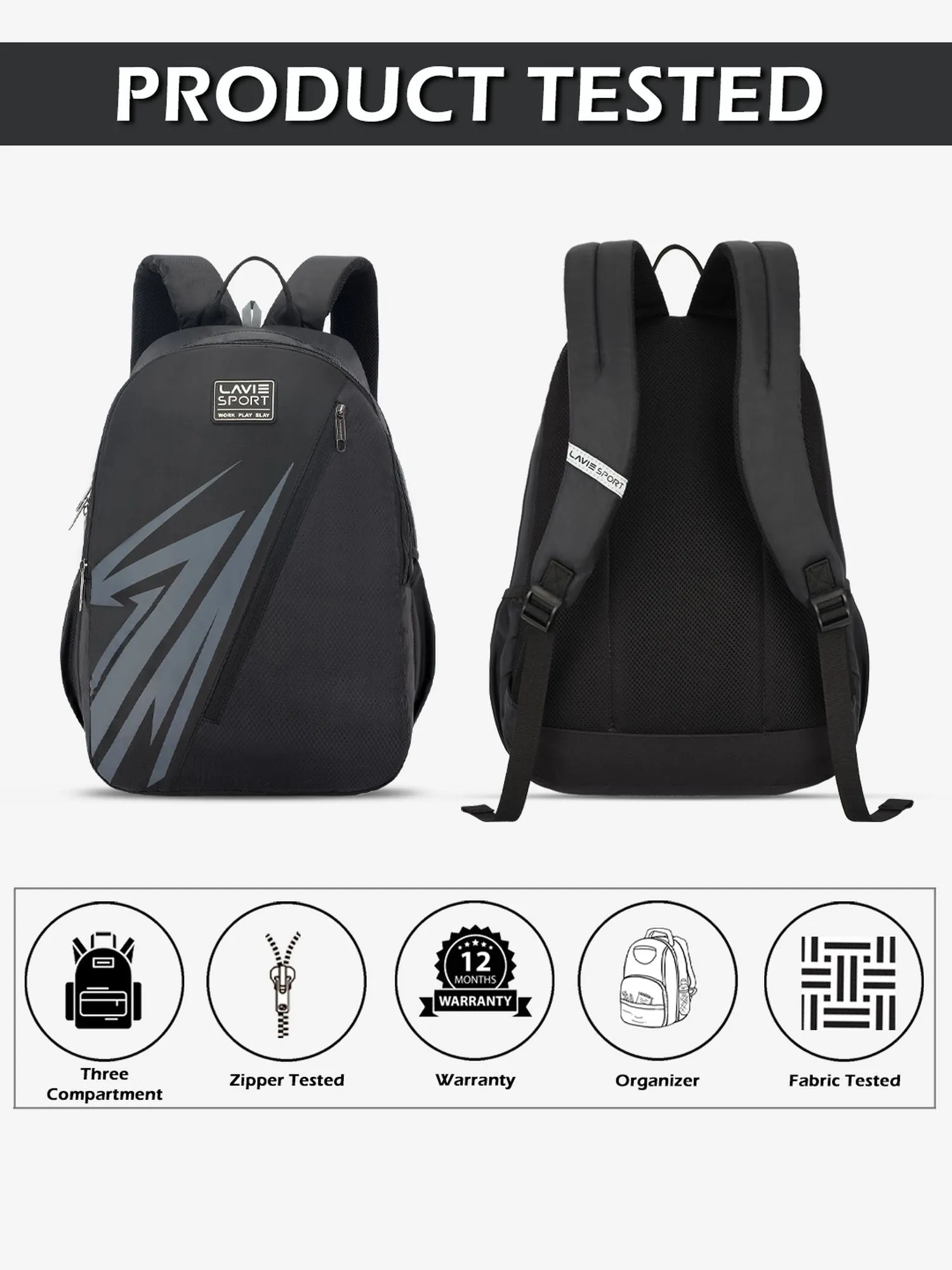 Lavie Sport Lance 37L College Bag For Boys & Girls|Backpack For Men & Women Black