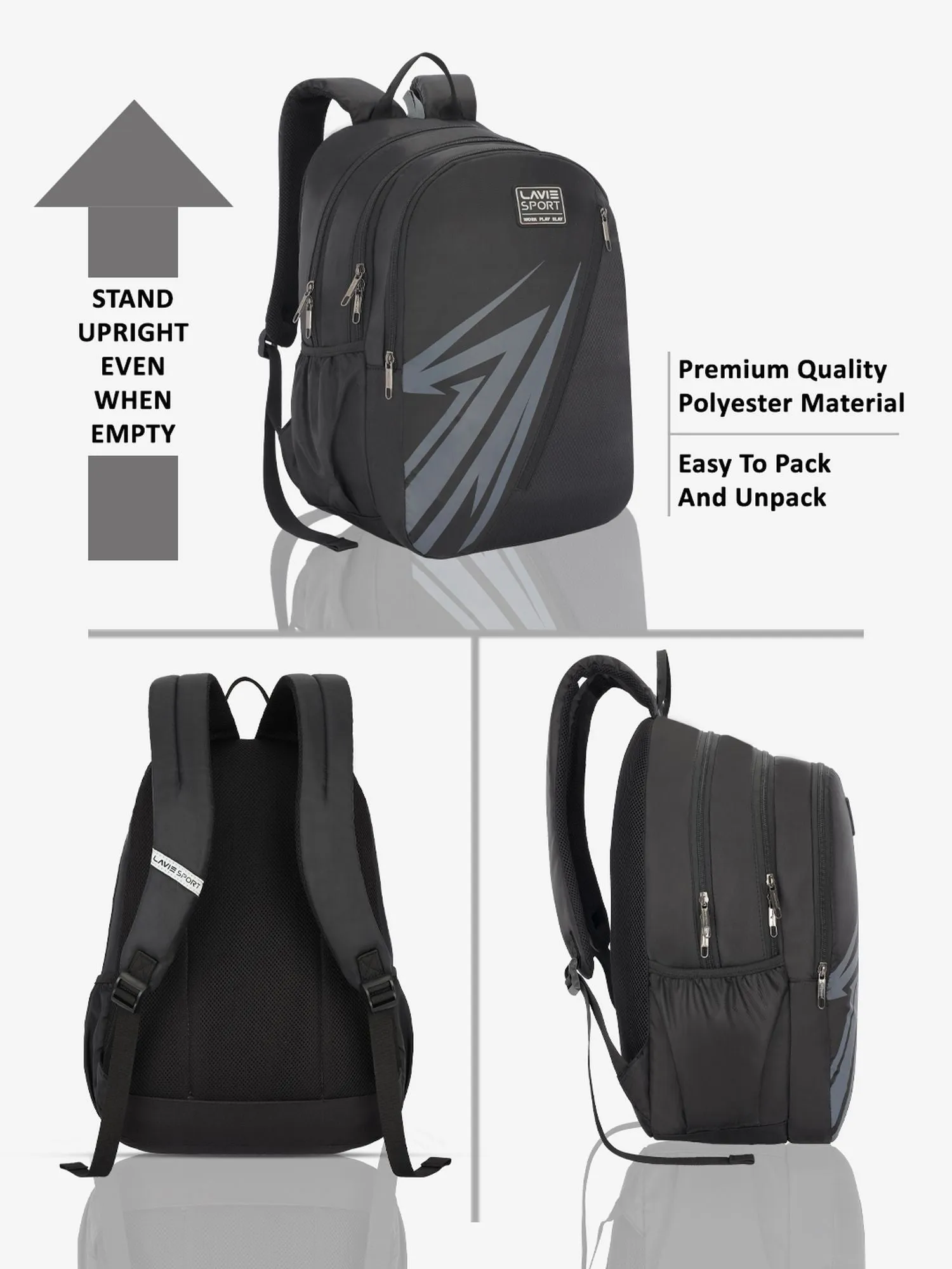 Lavie Sport Lance 37L College Bag For Boys & Girls|Backpack For Men & Women Black