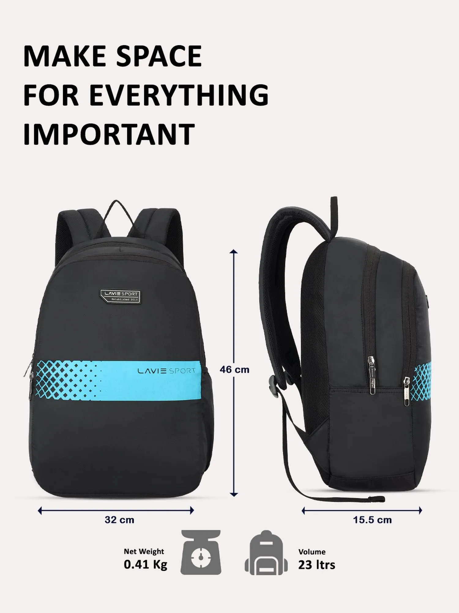 Lavie Sport Speedo 23L College Backpack For Boys & Girls|Men & Women Black