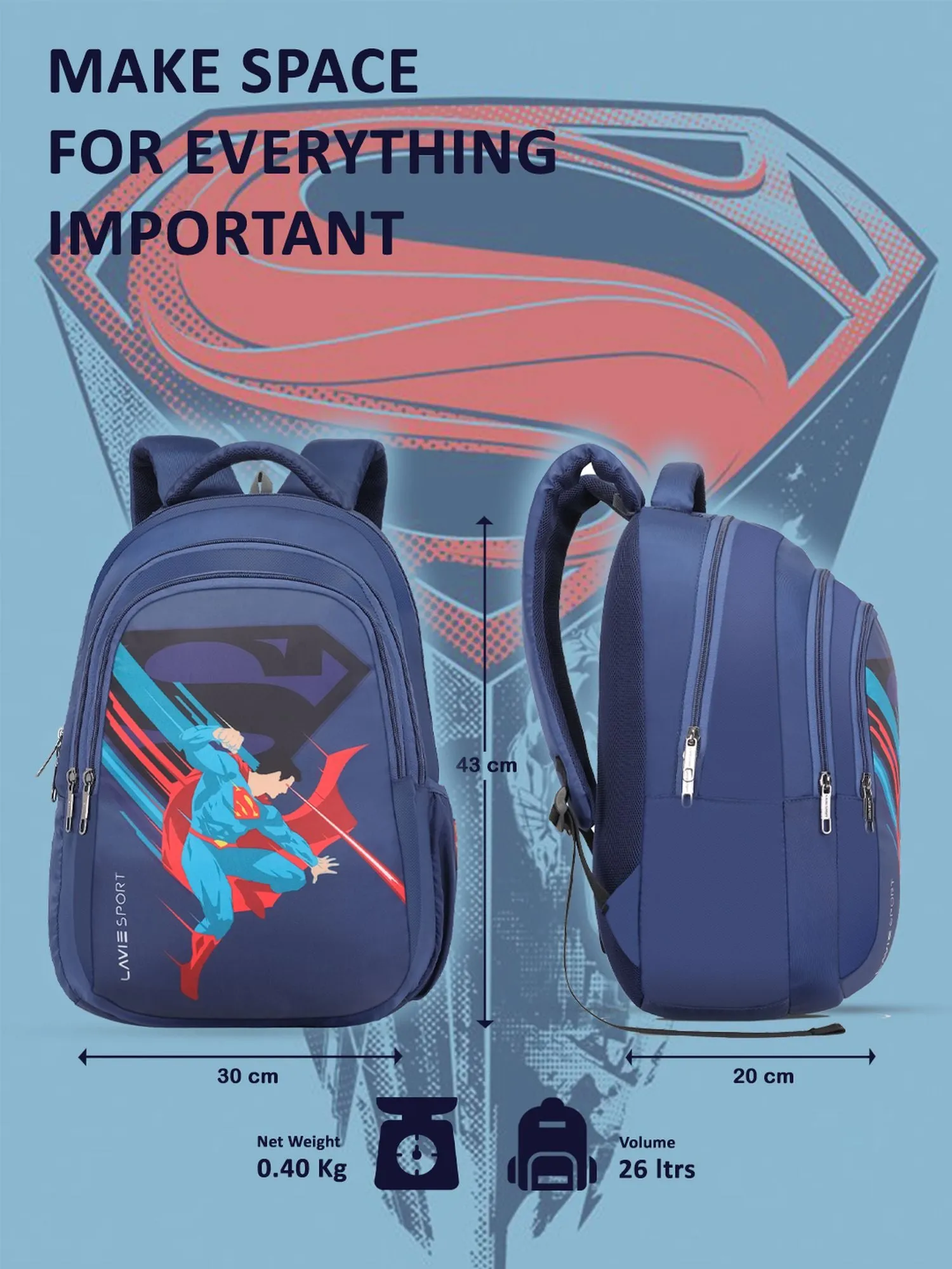 Lavie Sport Superman Power 26L Casual 17" Backpack for Boys/Girls Navy