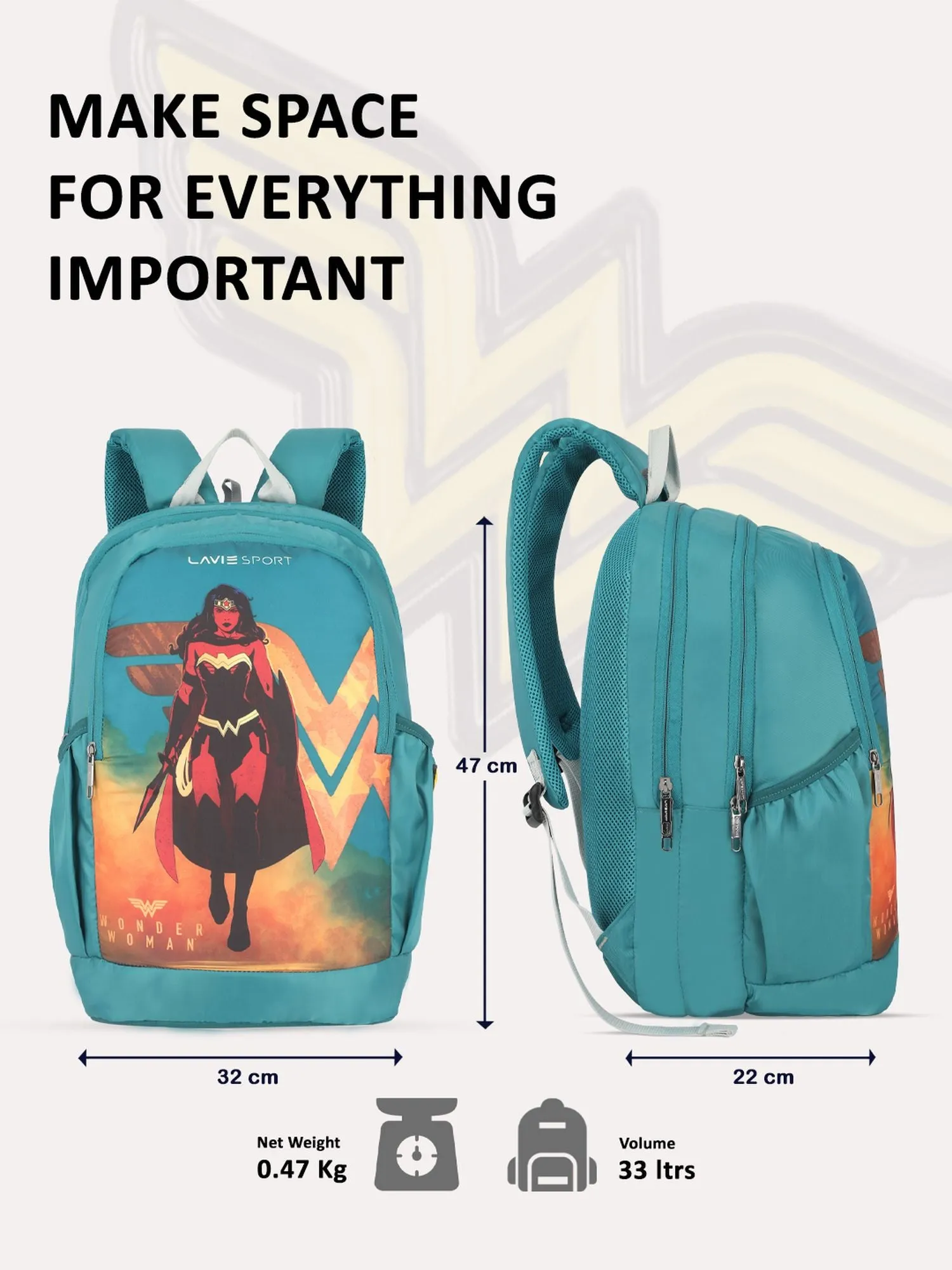Lavie Sport Wonder woman Blaze 33L College Laptop Backpack For Boys & Girls Teal
