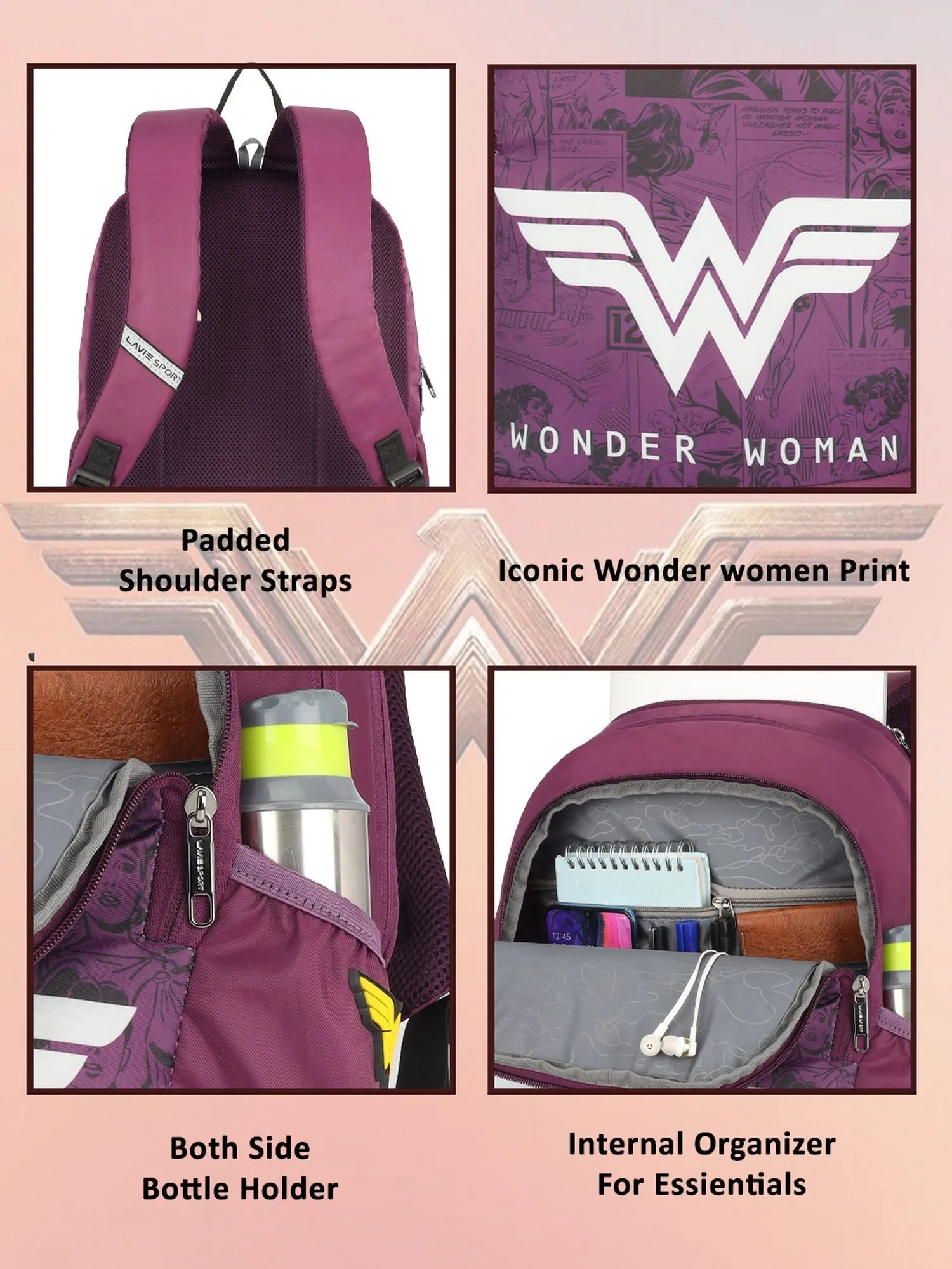 Lavie Sport Wonder Woman Wing 33L Casual Laptop Backpack For Boys & Girls Purple