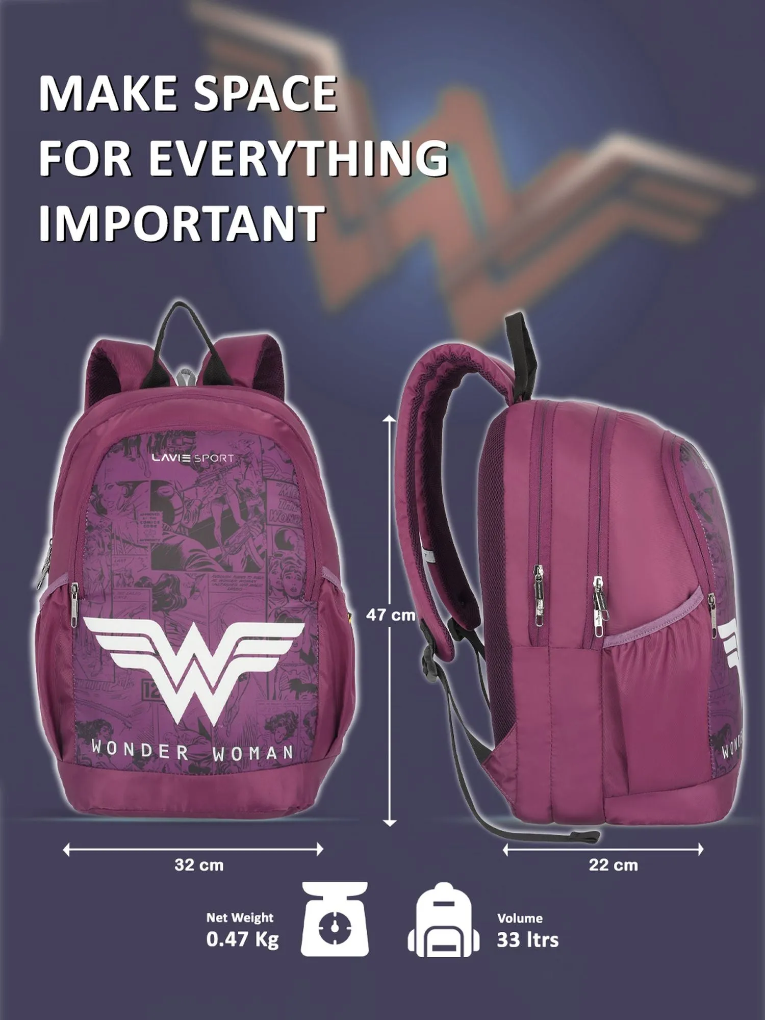 Lavie Sport Wonder Woman Wing 33L Casual Laptop Backpack For Boys & Girls Purple