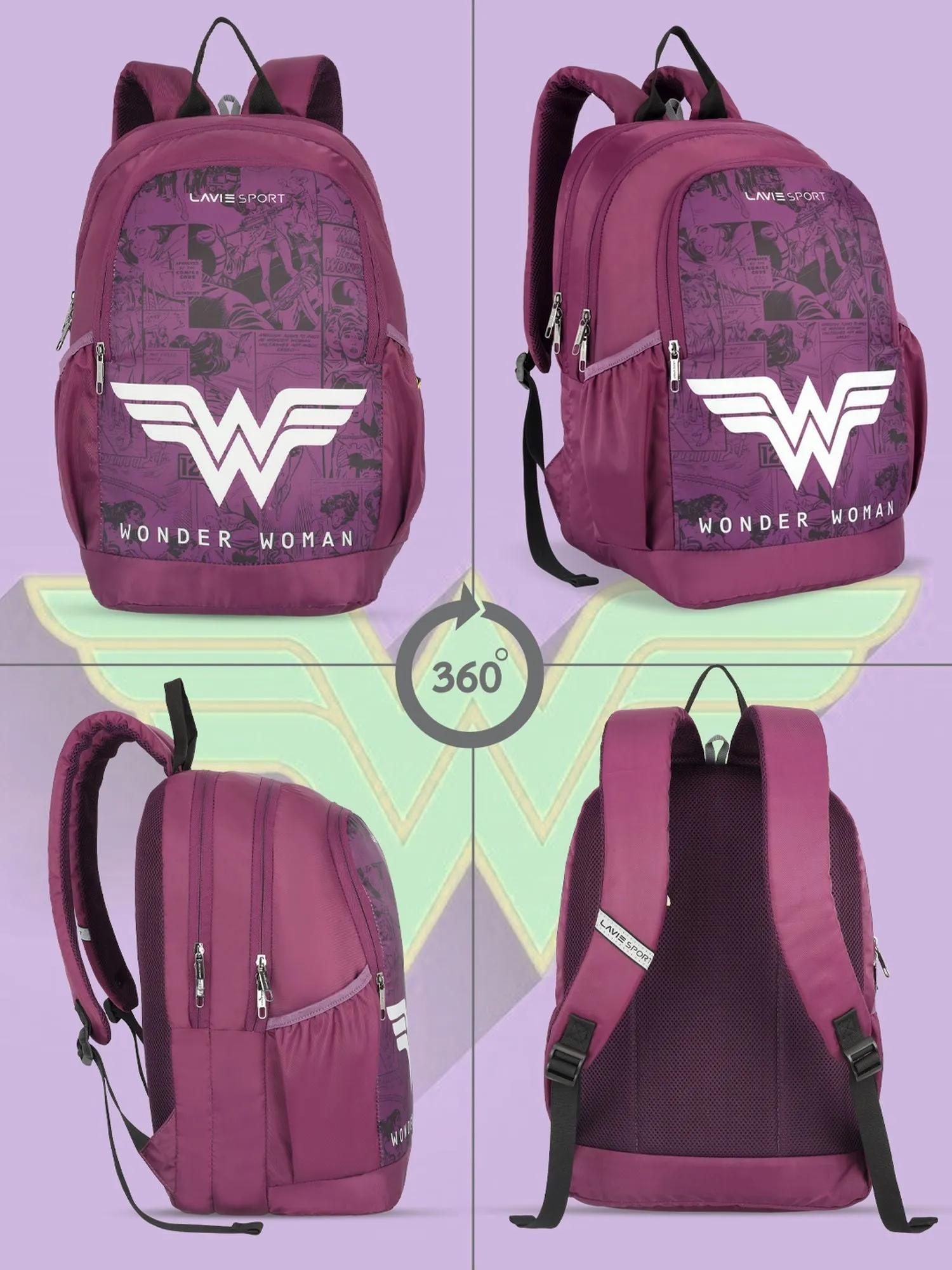 Lavie Sport Wonder Woman Wing 33L Casual Laptop Backpack For Boys & Girls Purple