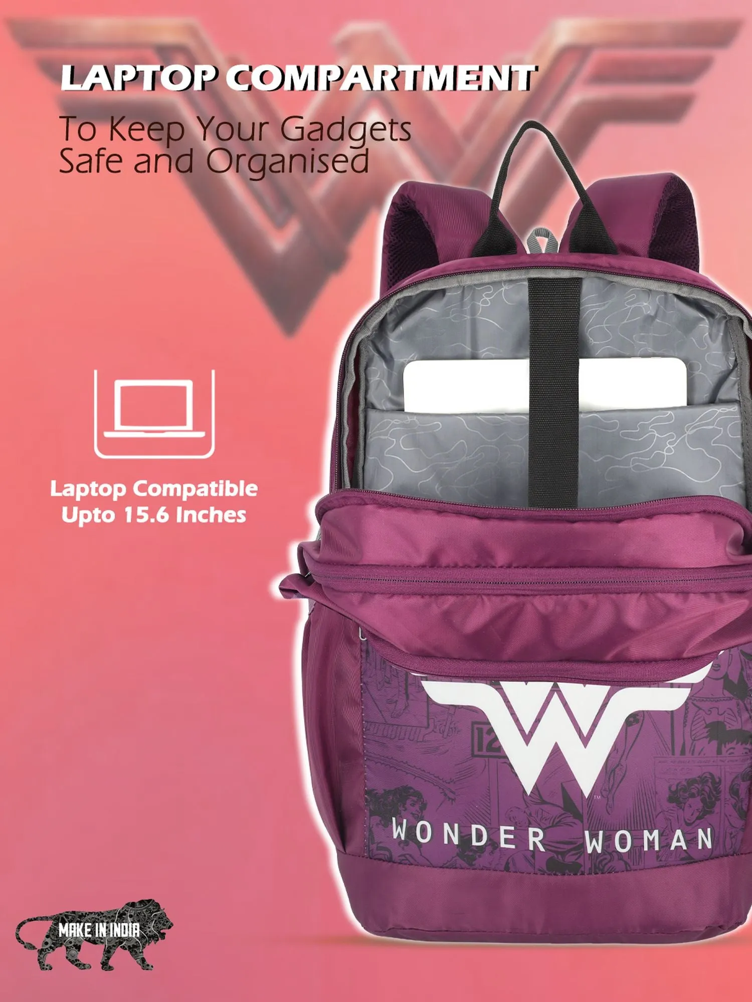 Lavie Sport Wonder Woman Wing 33L Casual Laptop Backpack For Boys & Girls Purple