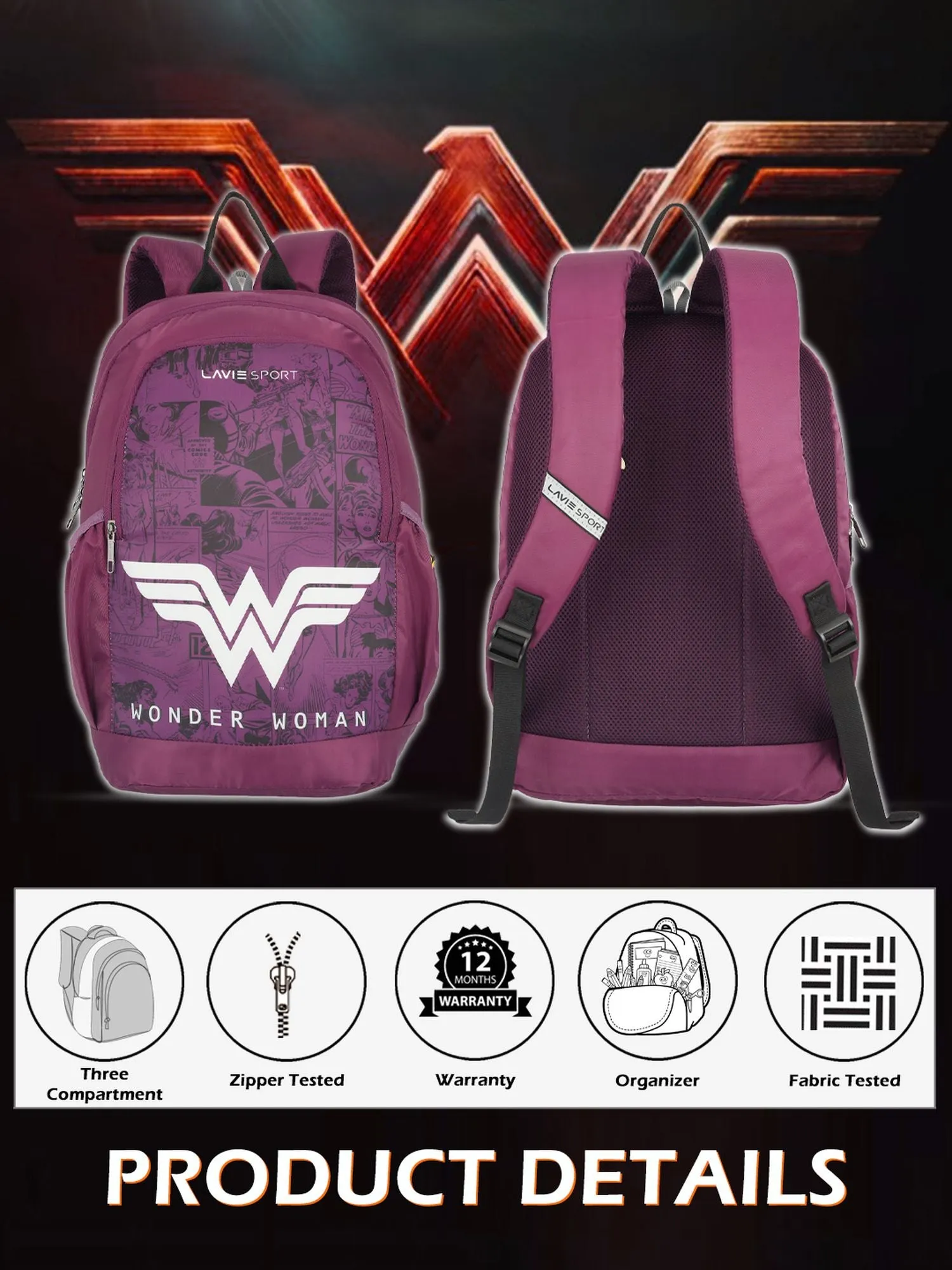 Lavie Sport Wonder Woman Wing 33L Casual Laptop Backpack For Boys & Girls Purple