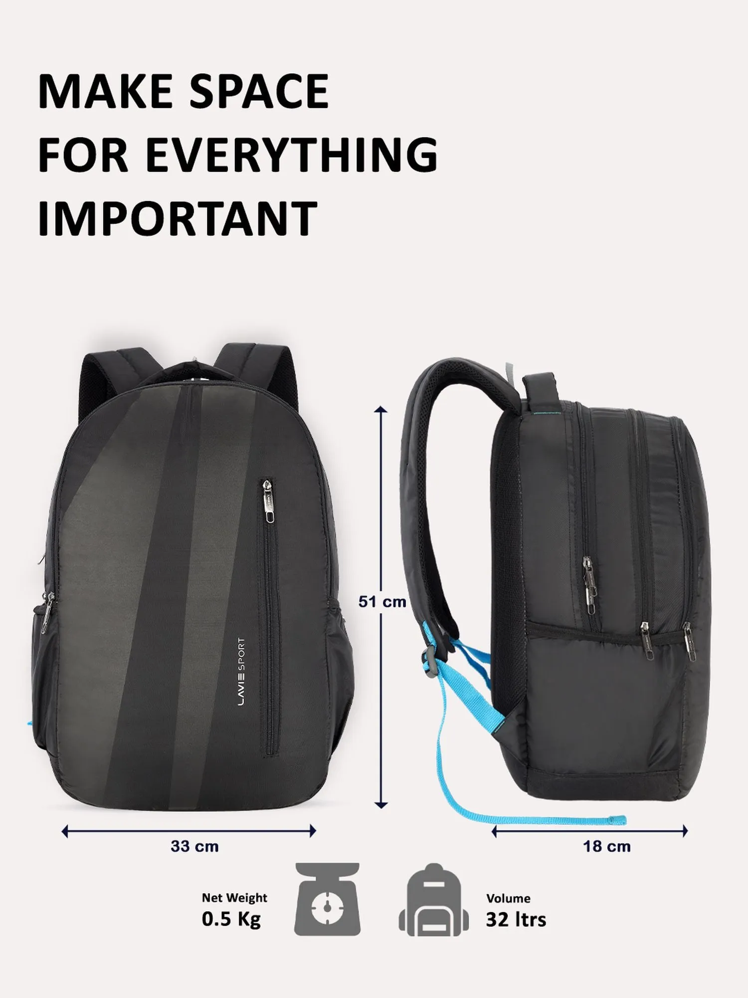 Lavie Sport Zolt 32L Laptop Backpack For Men & Women Black