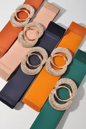Leather Strech Belt with Shiny Circle Buckle